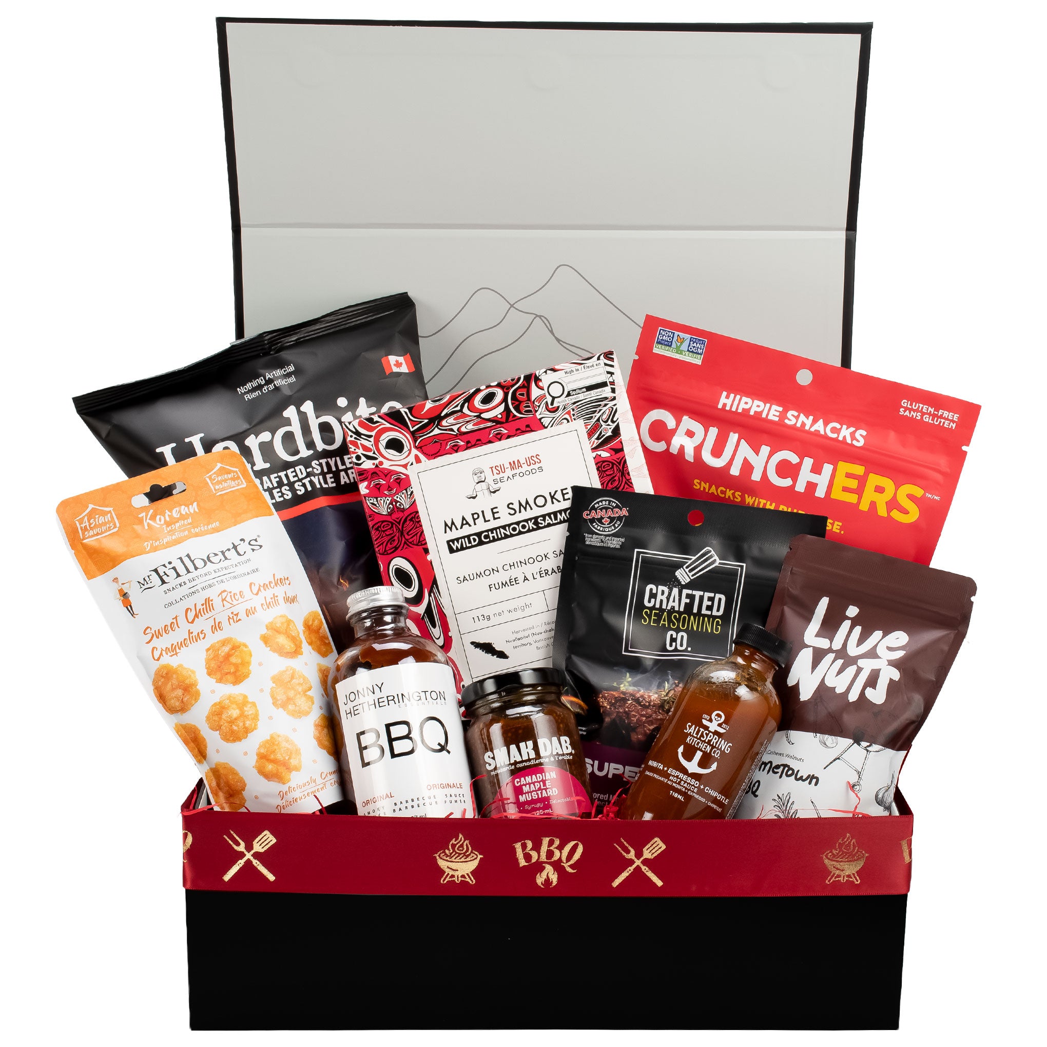 Gourmet West Coast BBQ Gift Box featuring Jonny Hetherington Sauce, Saltspring Kitchen Hot Sauce, and Smoked Salmon in a magnetic gift box.