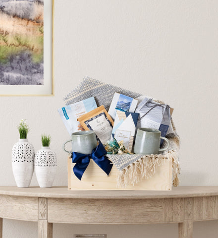 Wooden gourmet gift box on a table
