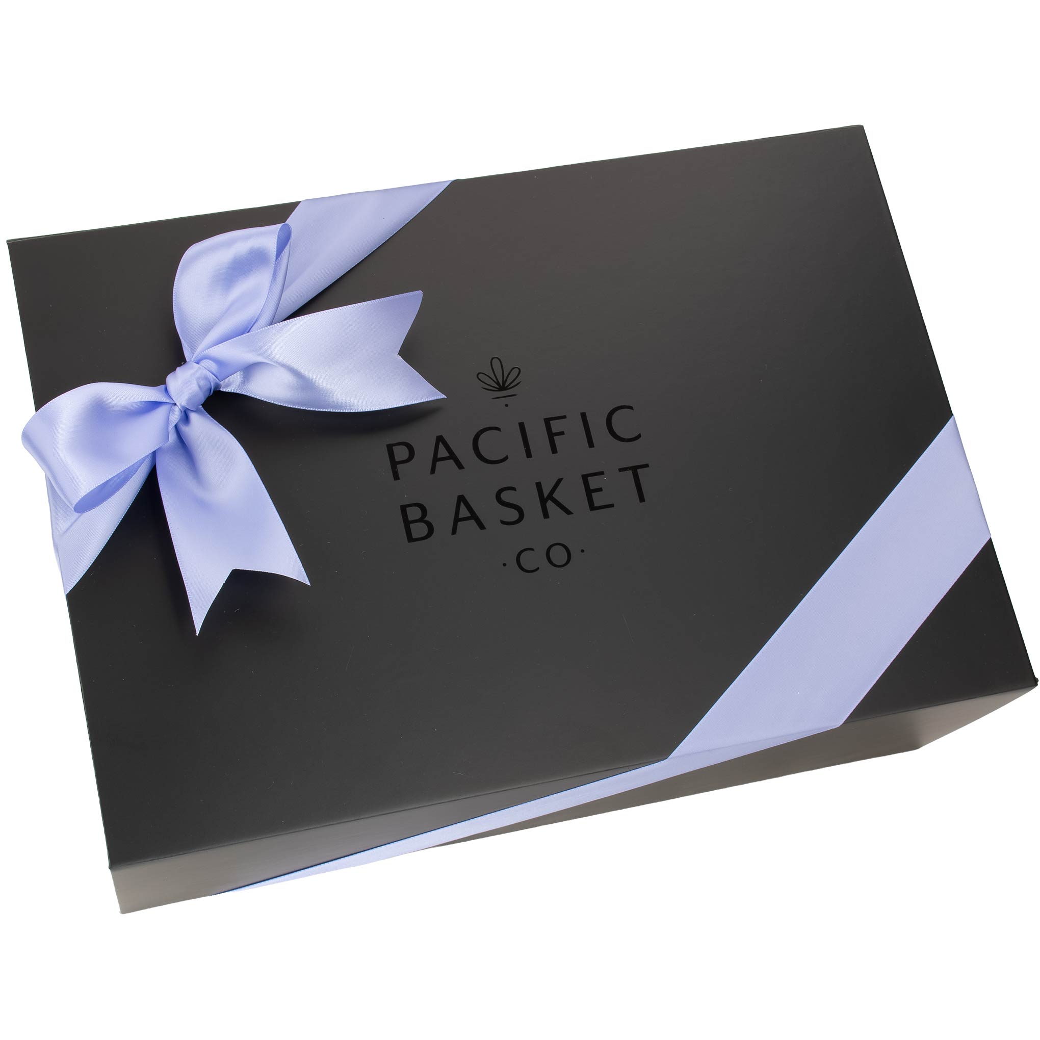 Pacific Basket Company black paperboard gift box with a lilac satin ribbon