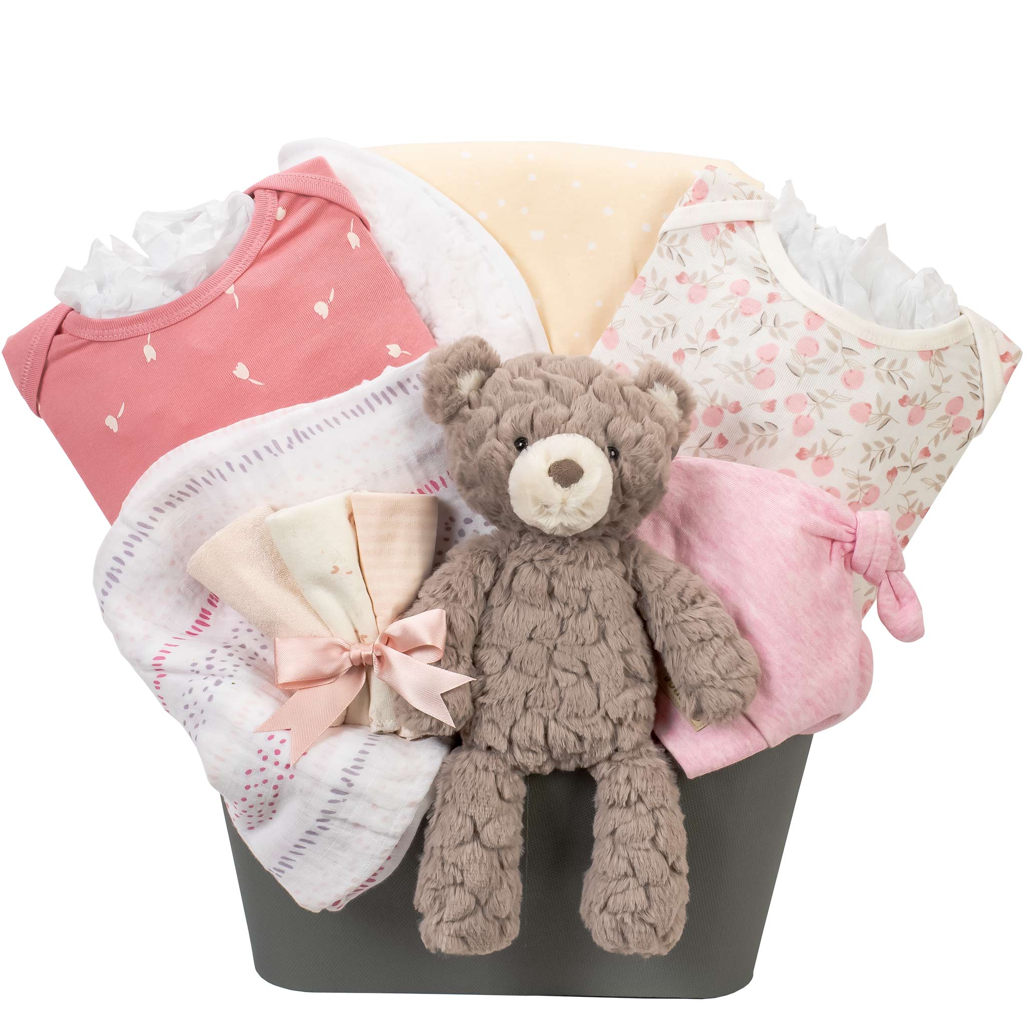 Pink baby basket with baby onesies, swaddle, hat, blanket and toy.