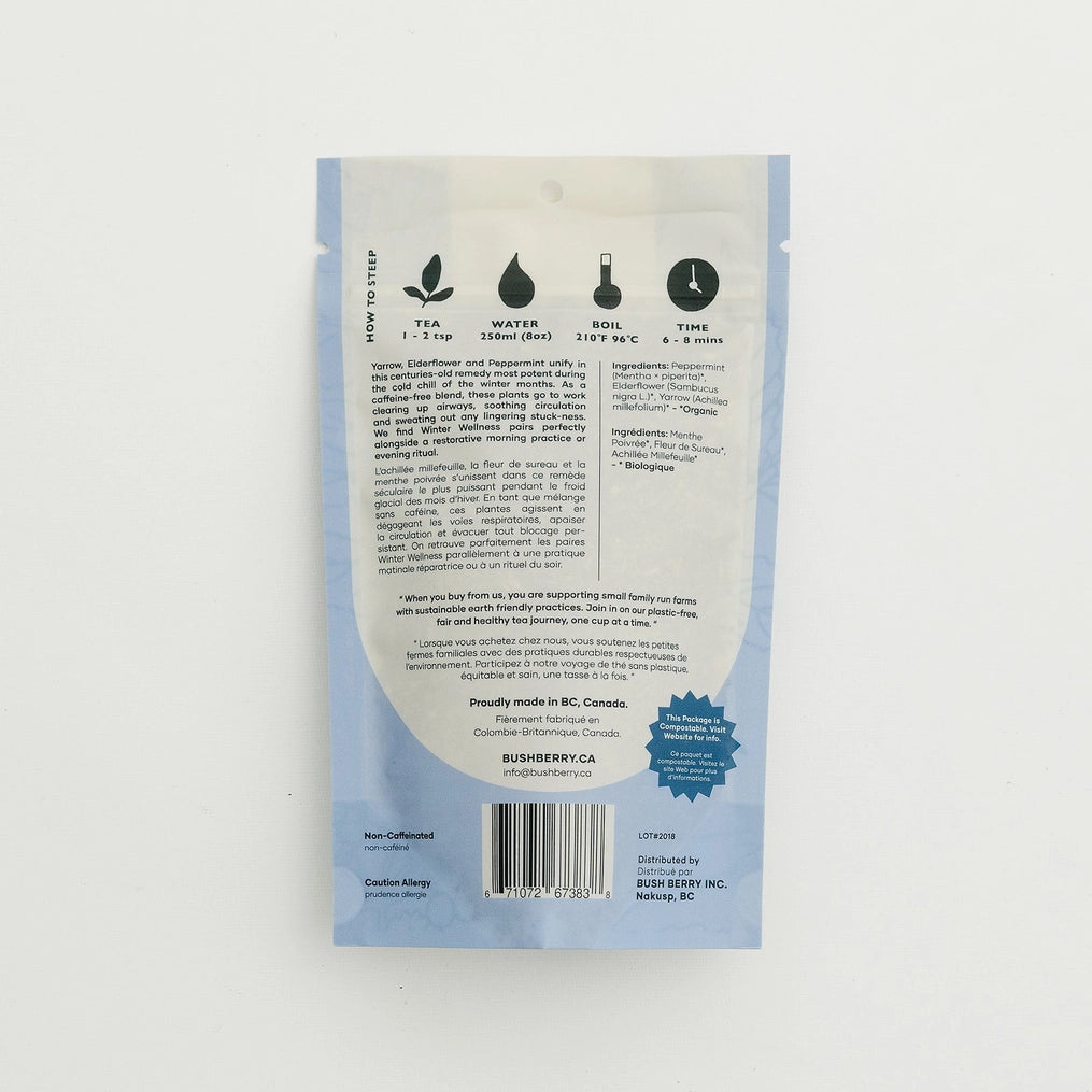 Back of a tea package with brewing instructions and branding on a white background