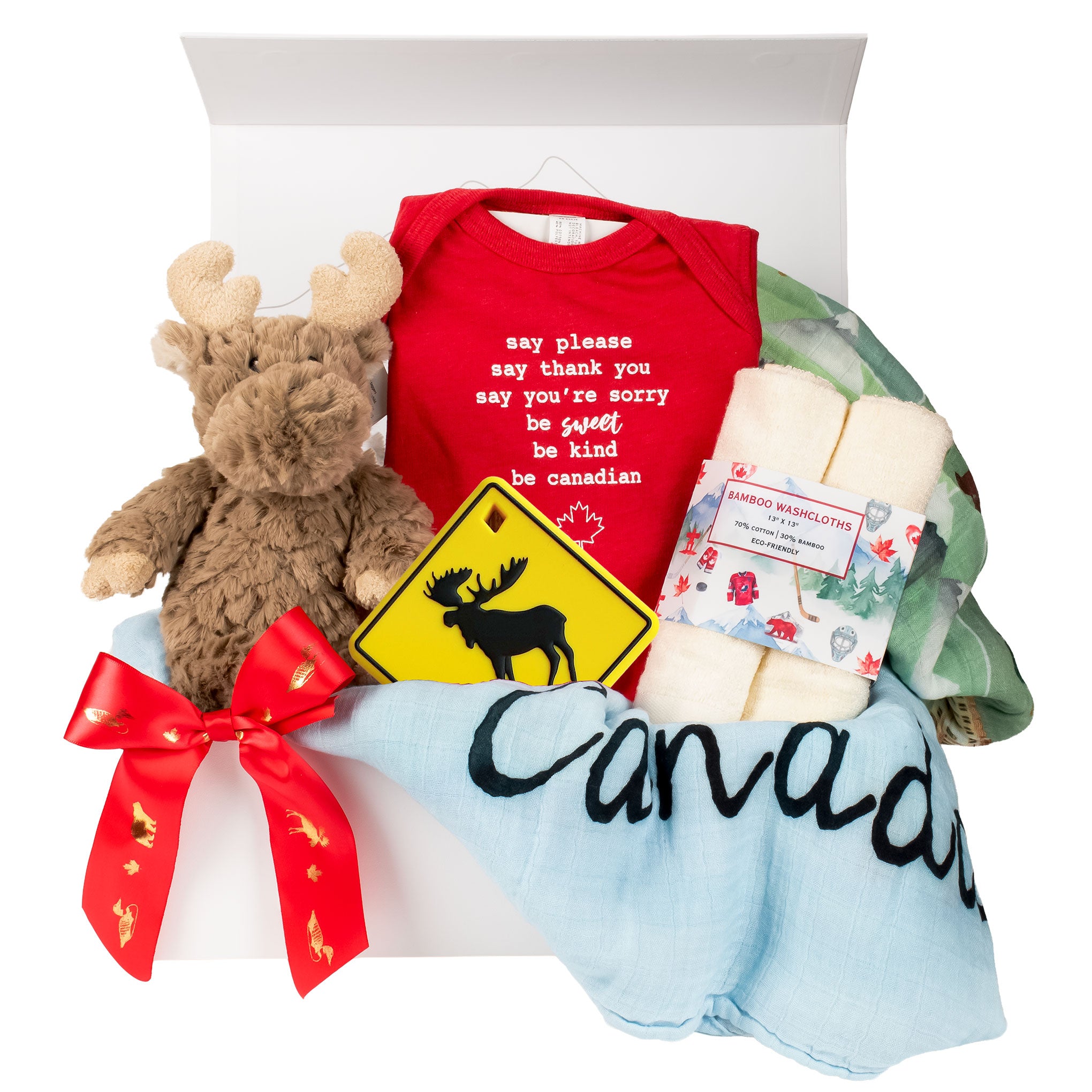 Baby gift set with Canadian onesie , plush moose, baby blanket and baby teether