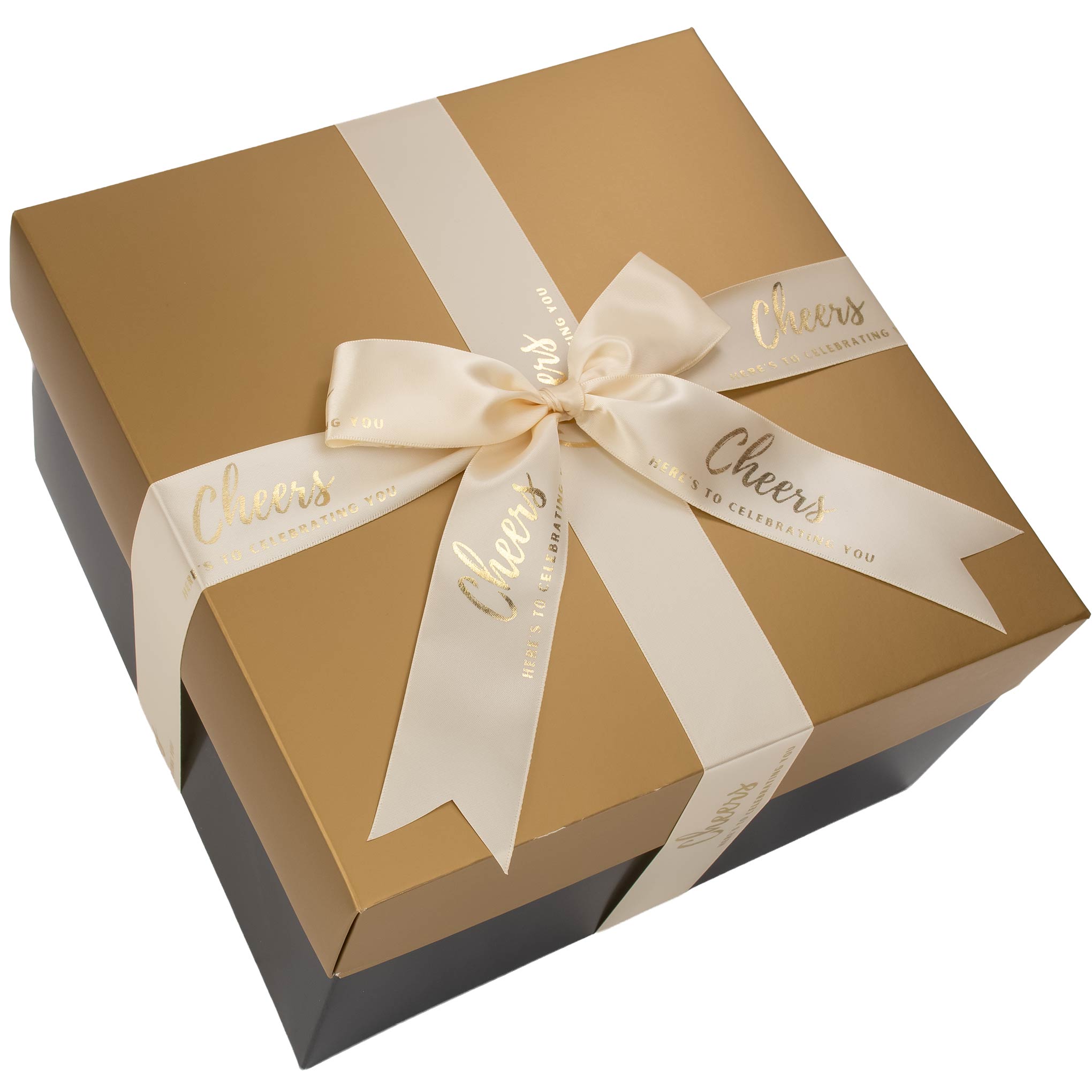 Gold and black gift box with an off white ribbon and 'Cheers' text on it