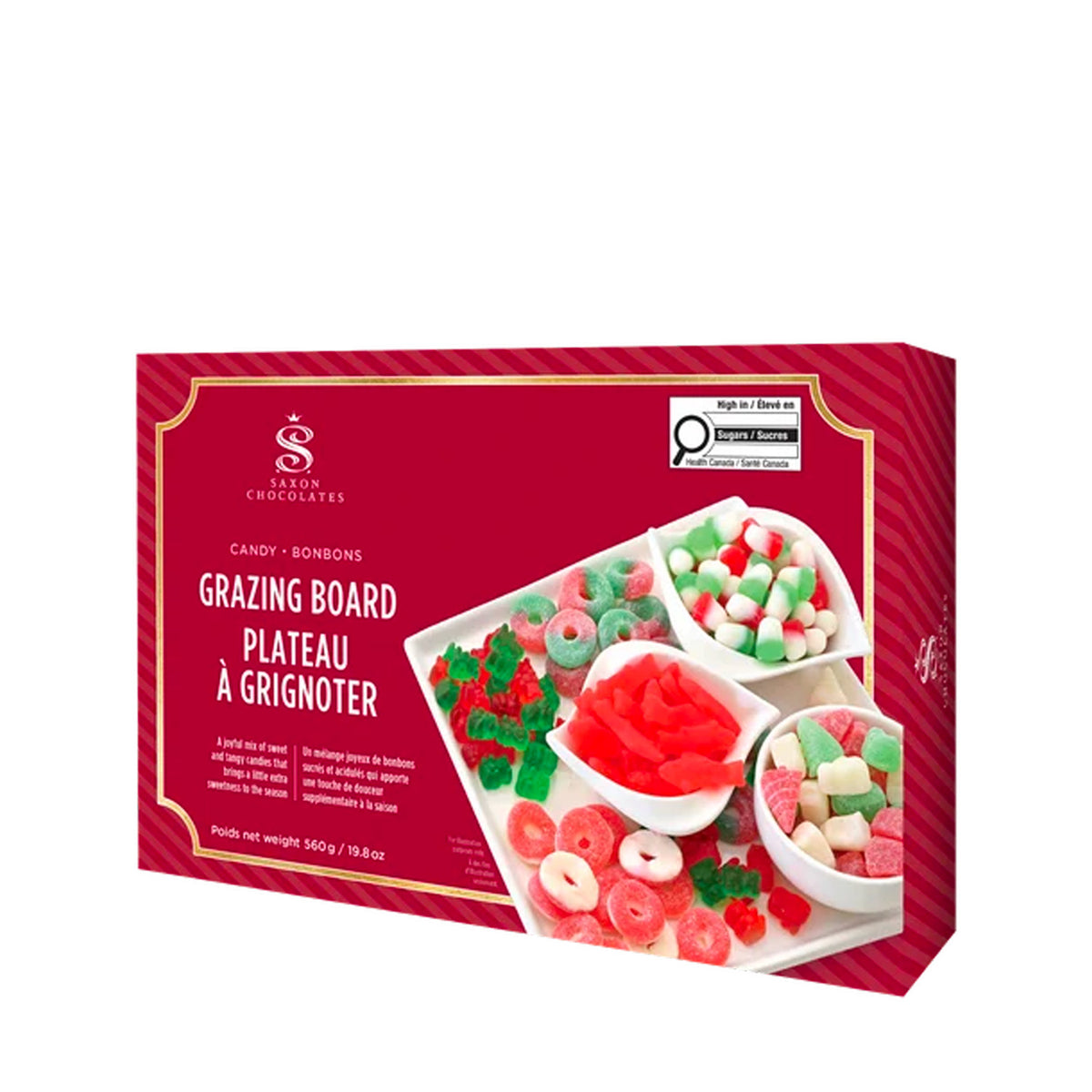 A boxed candy assortment from Saxon Chocolates, featuring a a package labeled 'Candy Grazing Board with photos of colorful gummy candies on the front.