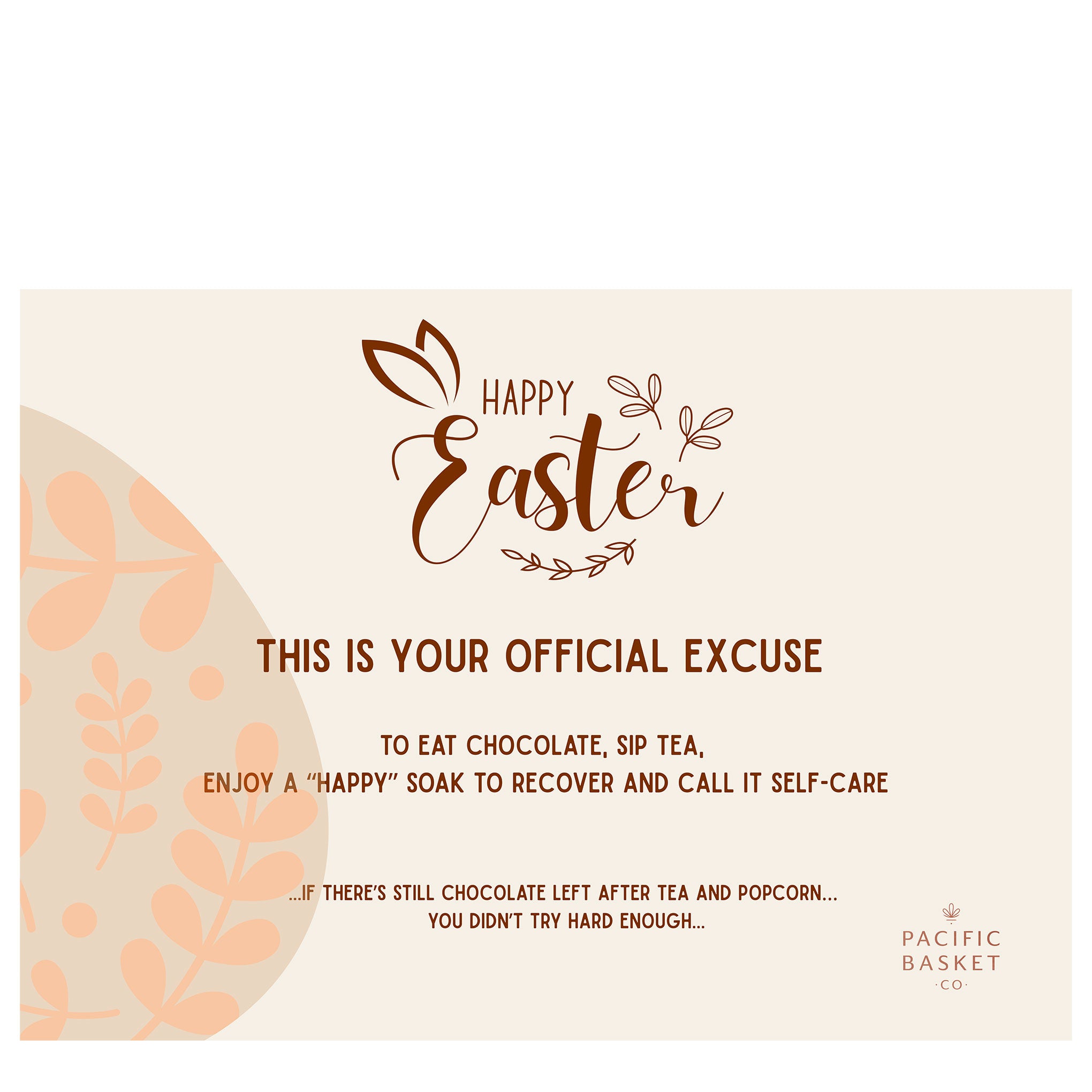 Happy Easter card with decorative text and Pacific Basket Co. branding.