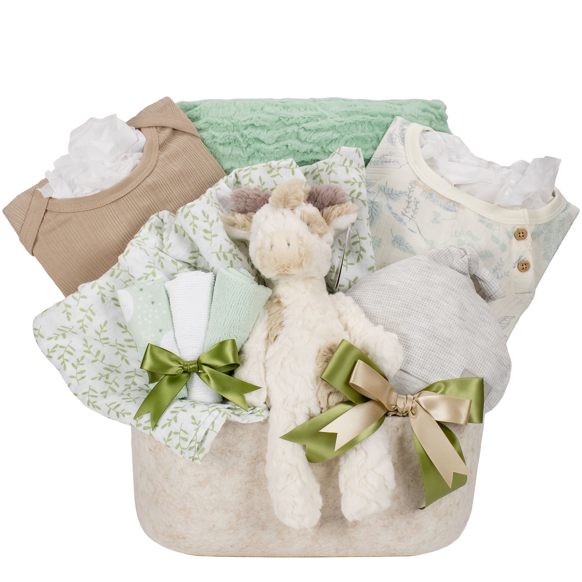 Baby gift basket with clothes, a plush toy, and a blanket on a white background