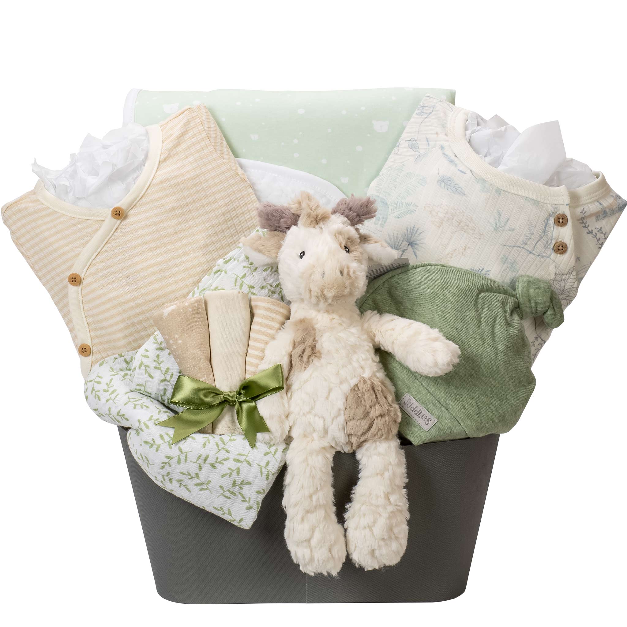 Gift basket for newborn baby with baby blanket, onesies, baby hat, blanket and plush baby toy.