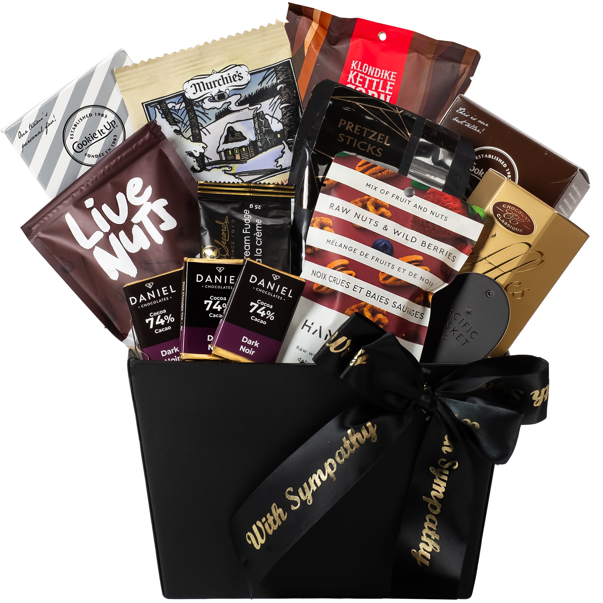 Gourmet gift basket with various snacks and a black box labeled 'With Sympathy' on a white background.