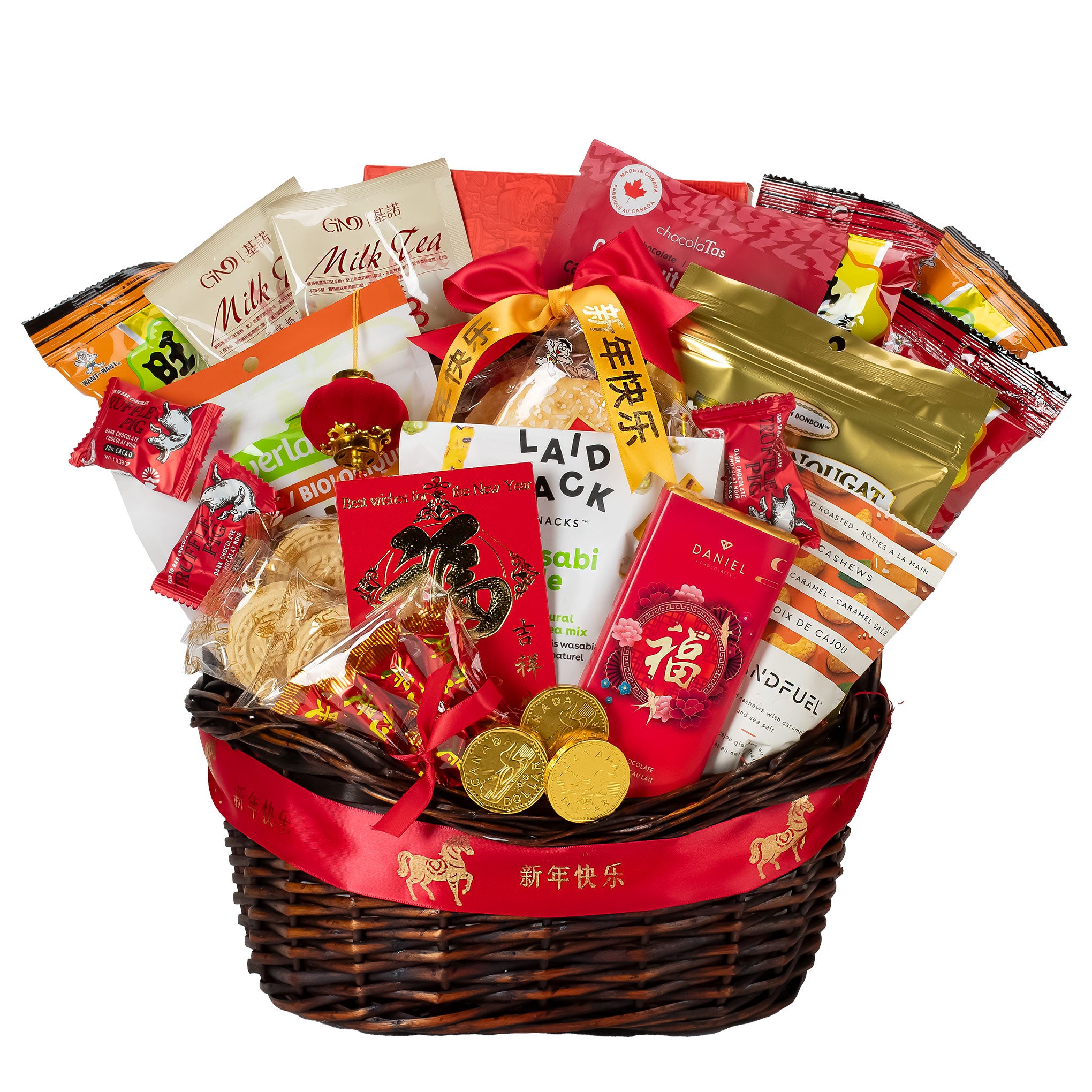 Chinese New Year Gift basket with various snacks and products