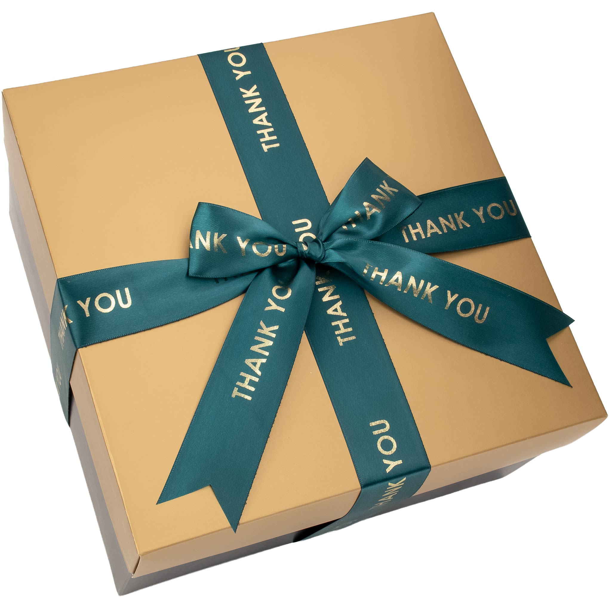 Closed gift box with a green personalized ribbon and 'THANK YOU' text