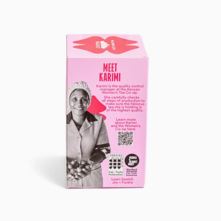 Product packaging with a pink background featuring an image of a woman and text about Karimi.