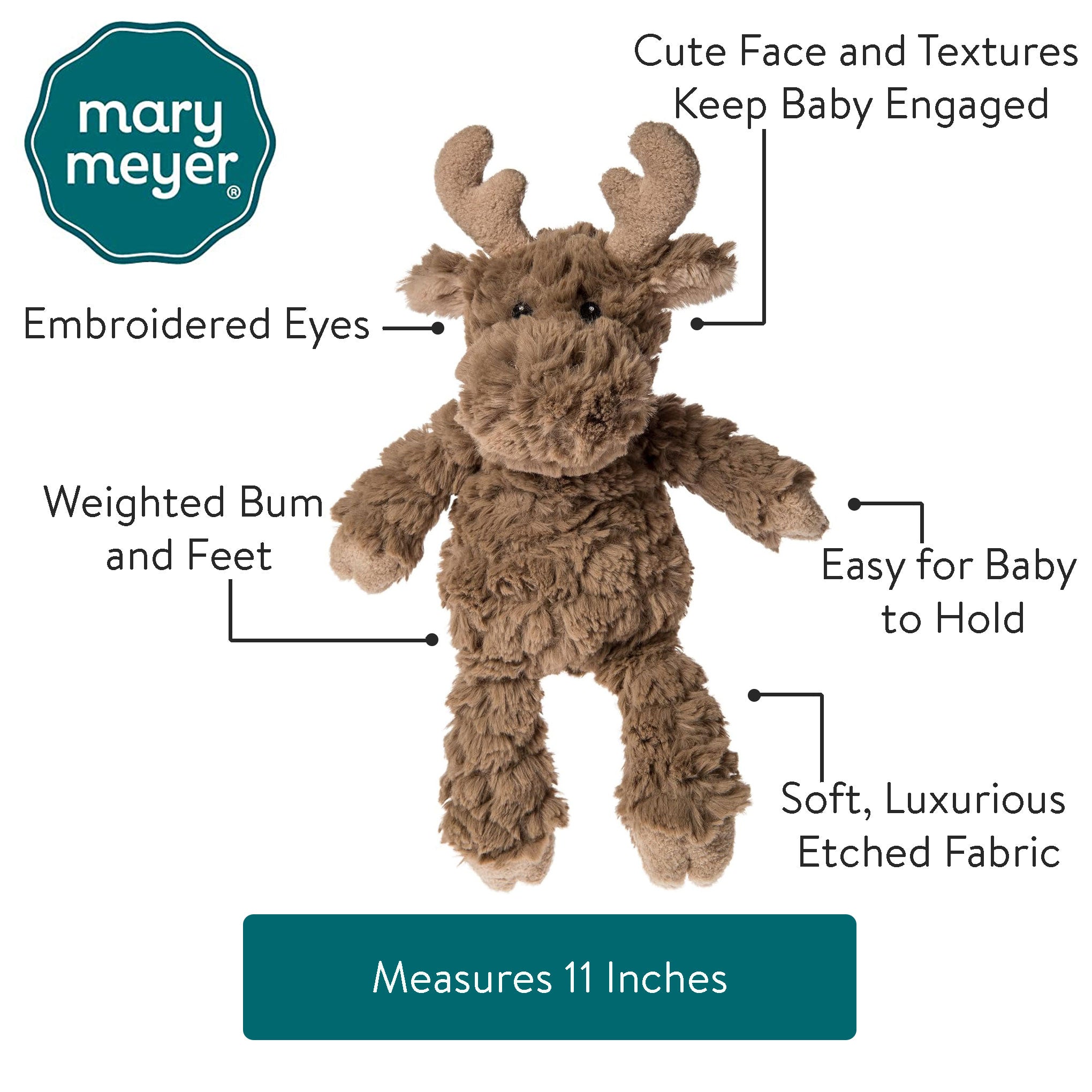 Mary Meyer plush moose toy with features labelled on a white background