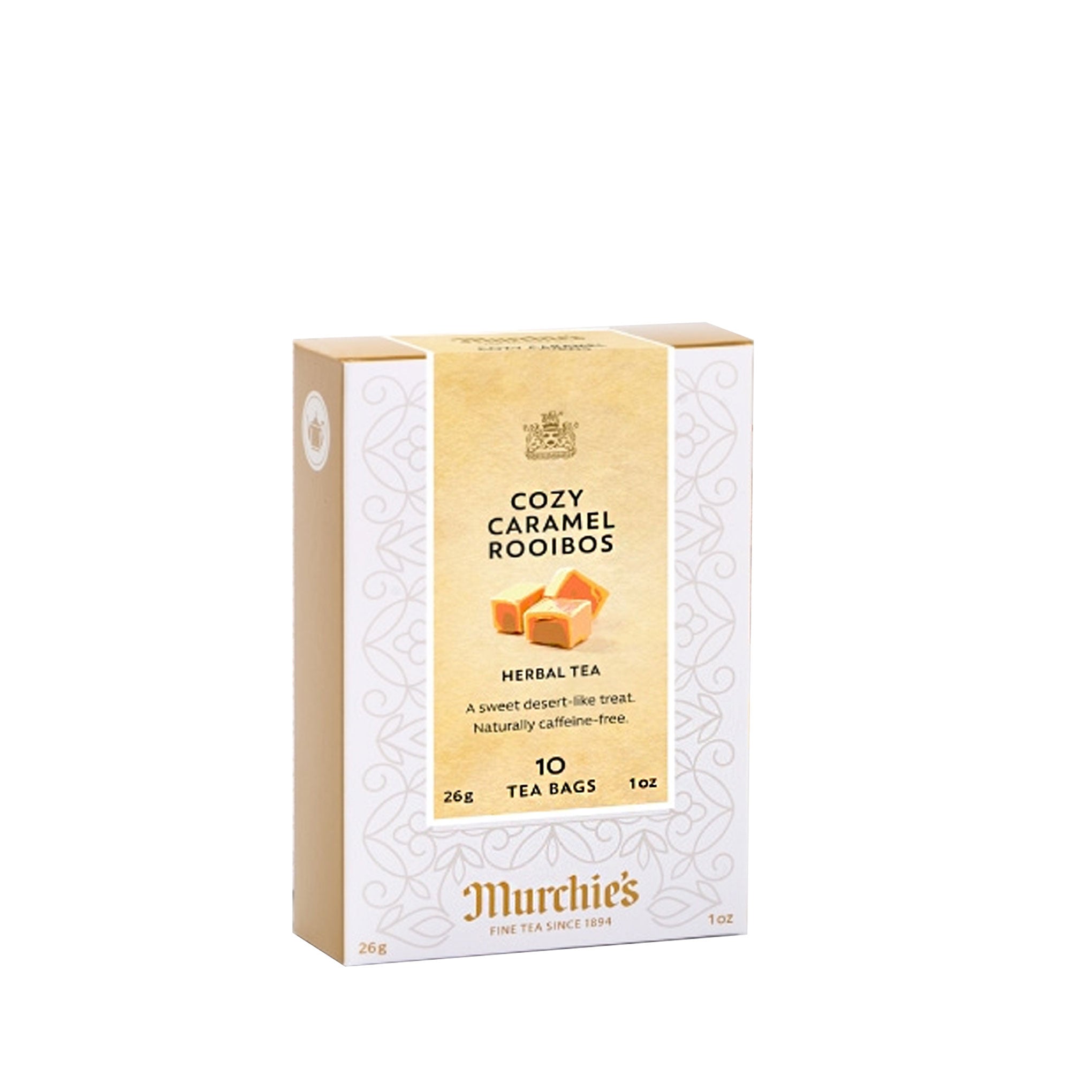 Box of Murchie's Cozy Caramel Rooibos tea bags on a white background