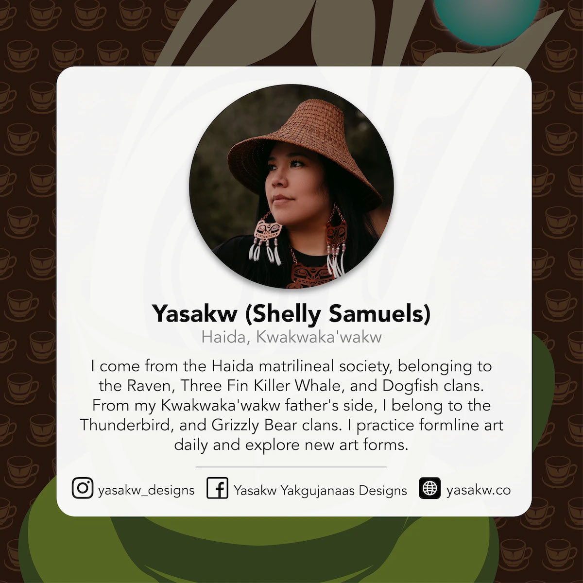 Profile card of Indigenous artist Yasakw (Shelly Samuels) with a photo and bio