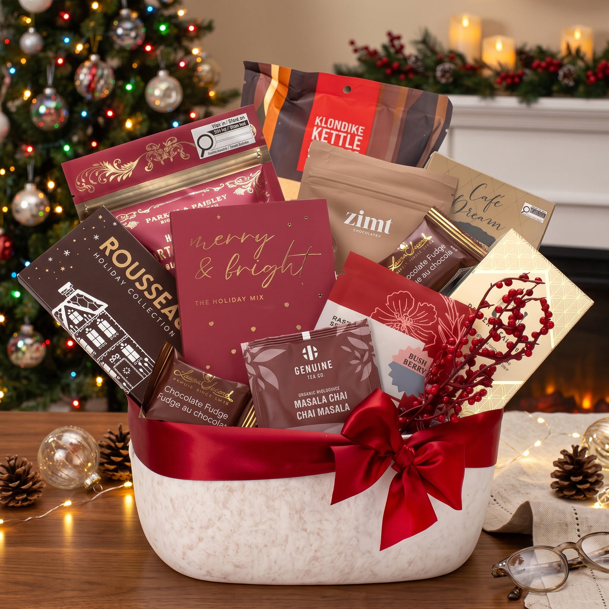 Premium Northern Lights corporate holiday gift box overflowing with gourmet Canadian artisanal treats