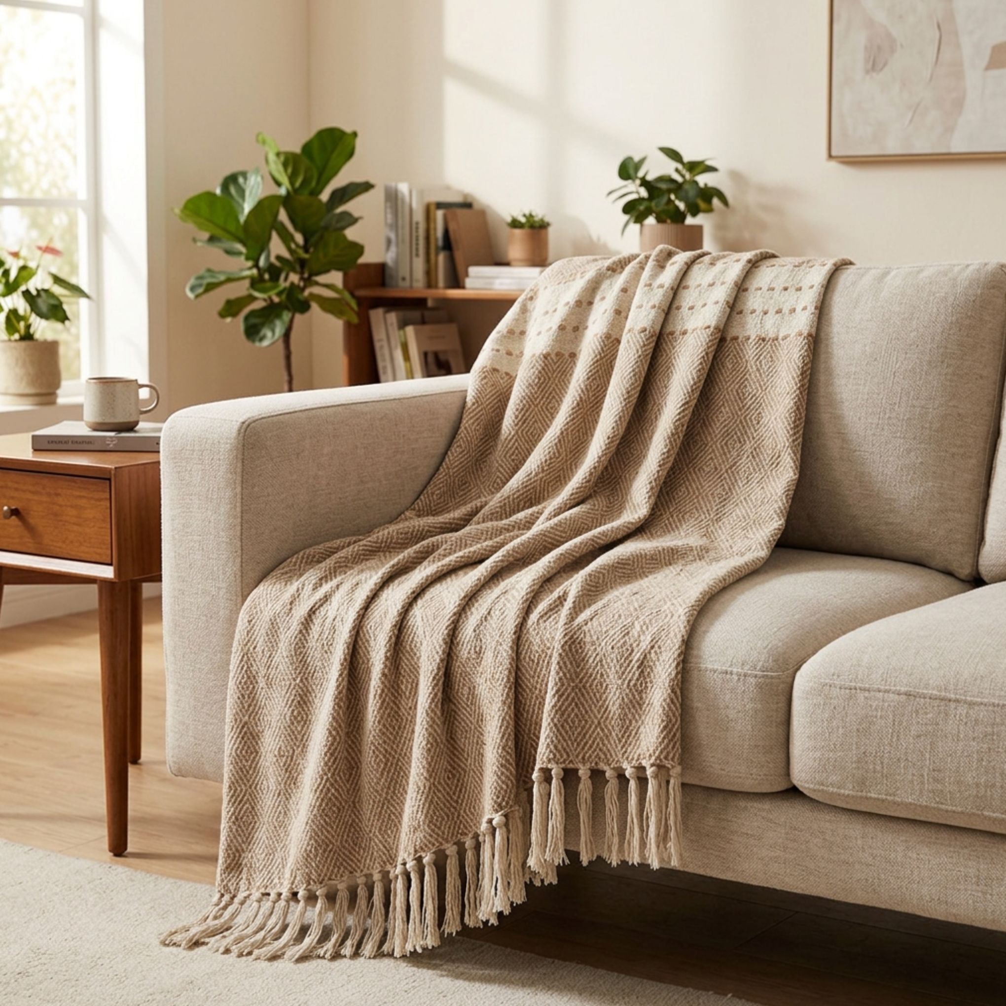 A beige textured throw blanket with fringe tassels draped over a light beige sofa in a warm, sunlit living room.