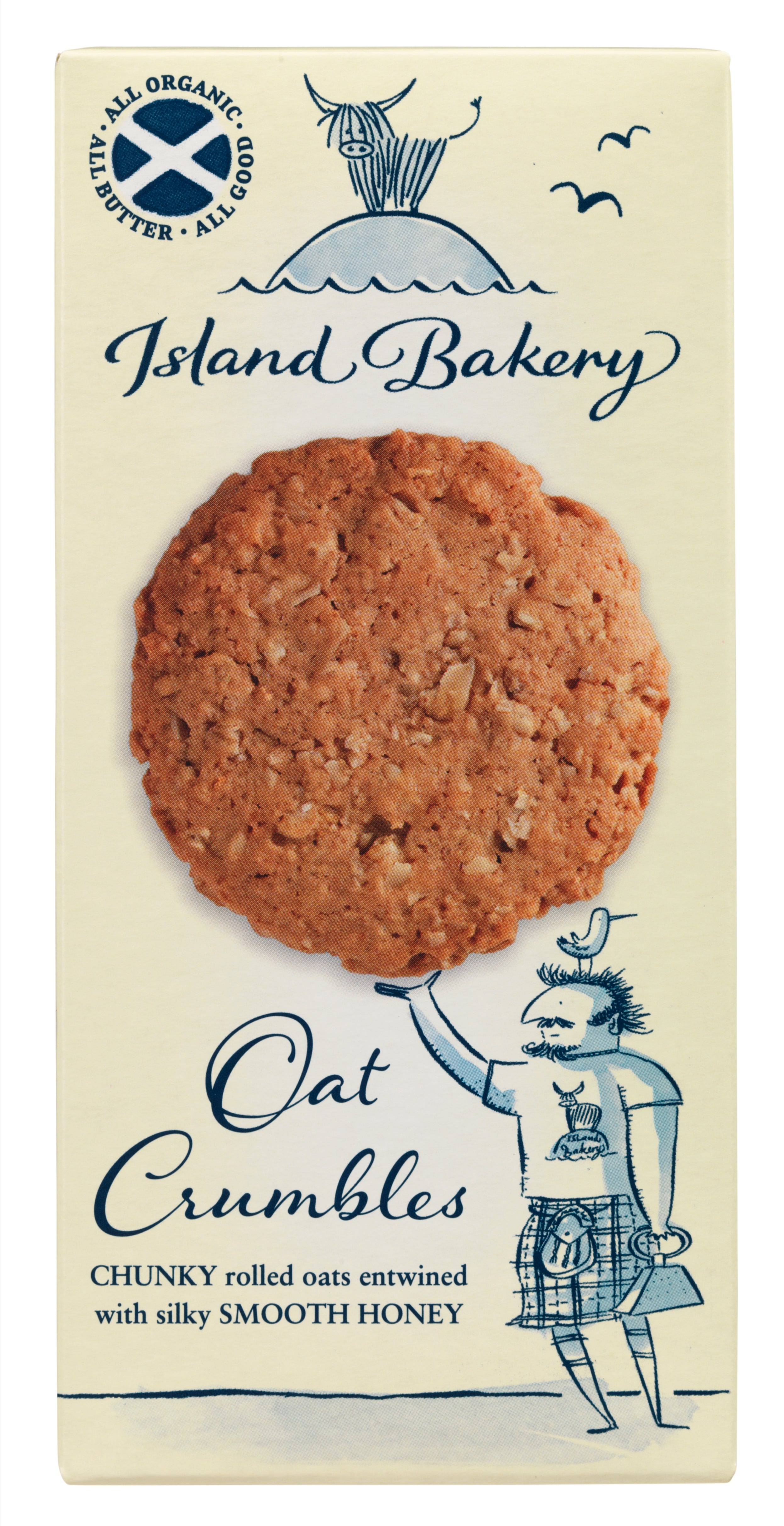 Packaging of Island Bakery Oat Crumbles with a cookie illustration on a beige background