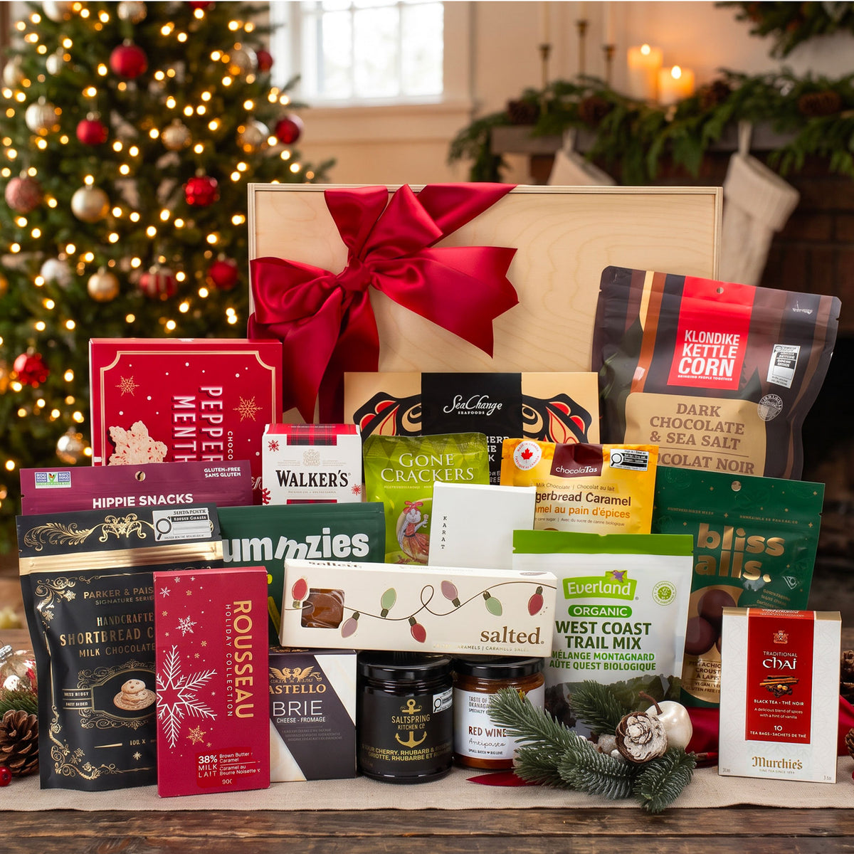 A Holiday product display part of Pacific Basket Co Holiday Office Party gift box