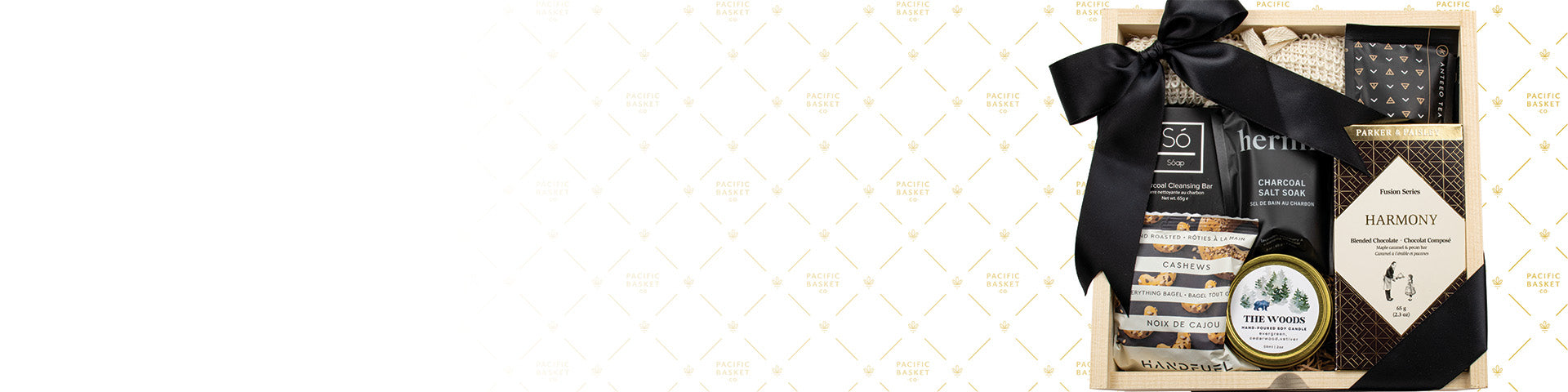 wooden gift box with black and white products banner