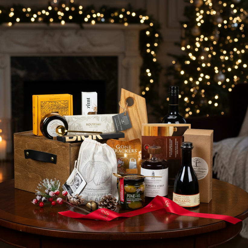 Gourmet gift basket with gourmet crackers, cheese, and other items on a table in front of a fireplace and Christmas tree.