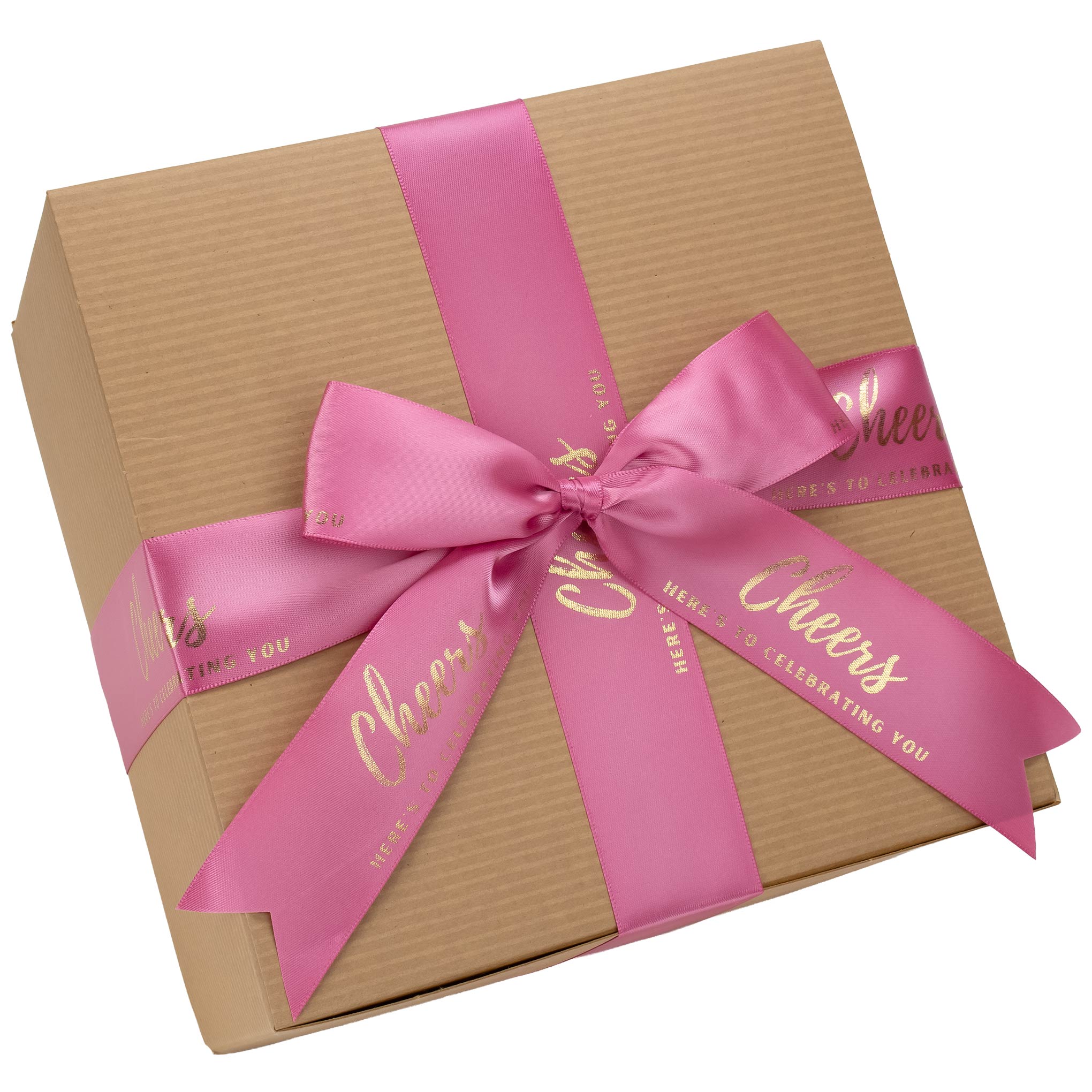 Gift box with a pink ribbon and 'Cheers' text