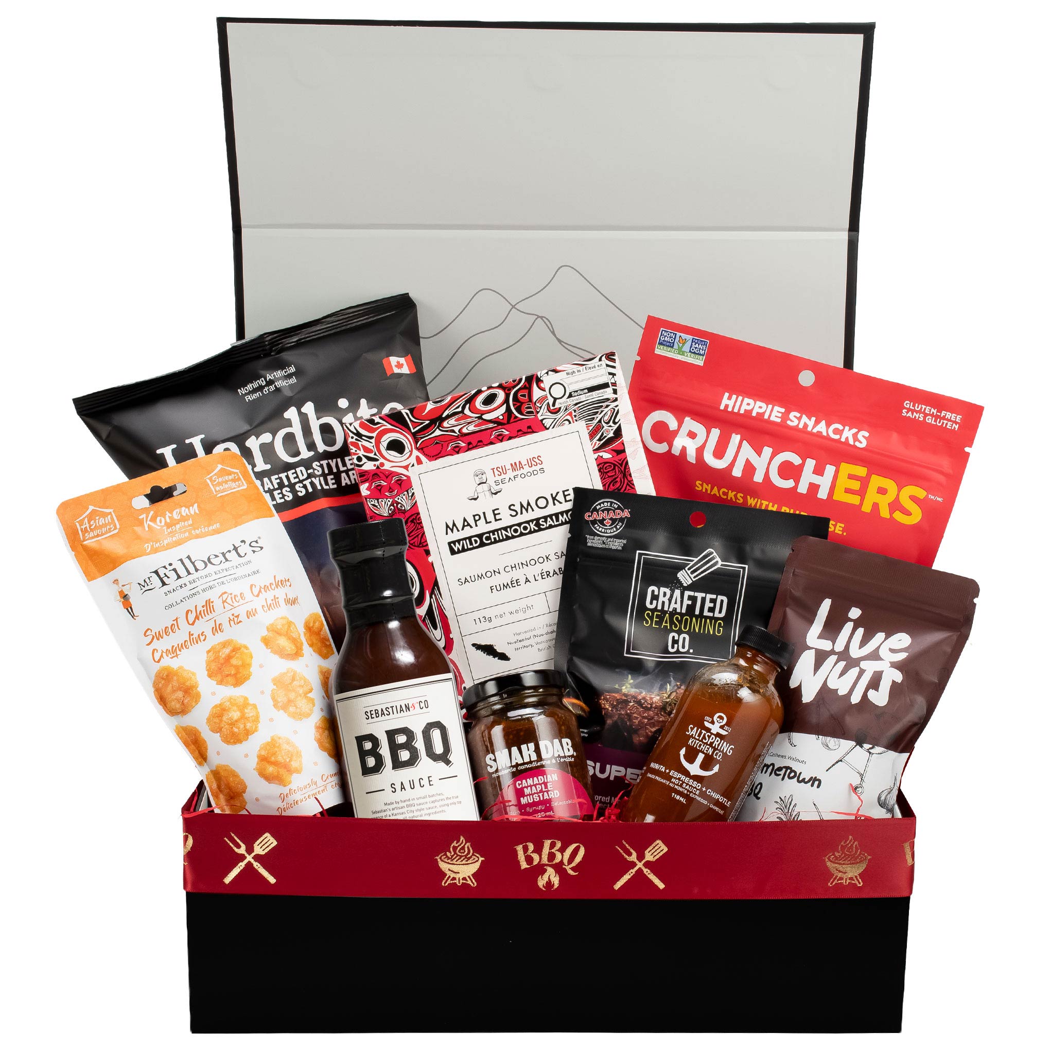 Smoke & Spice gourmet BBQ gift box featuring Sebastian & Co. BBQ sauce, Smak Dab mustard, and wild smoked salmon inside a magnetic black box.