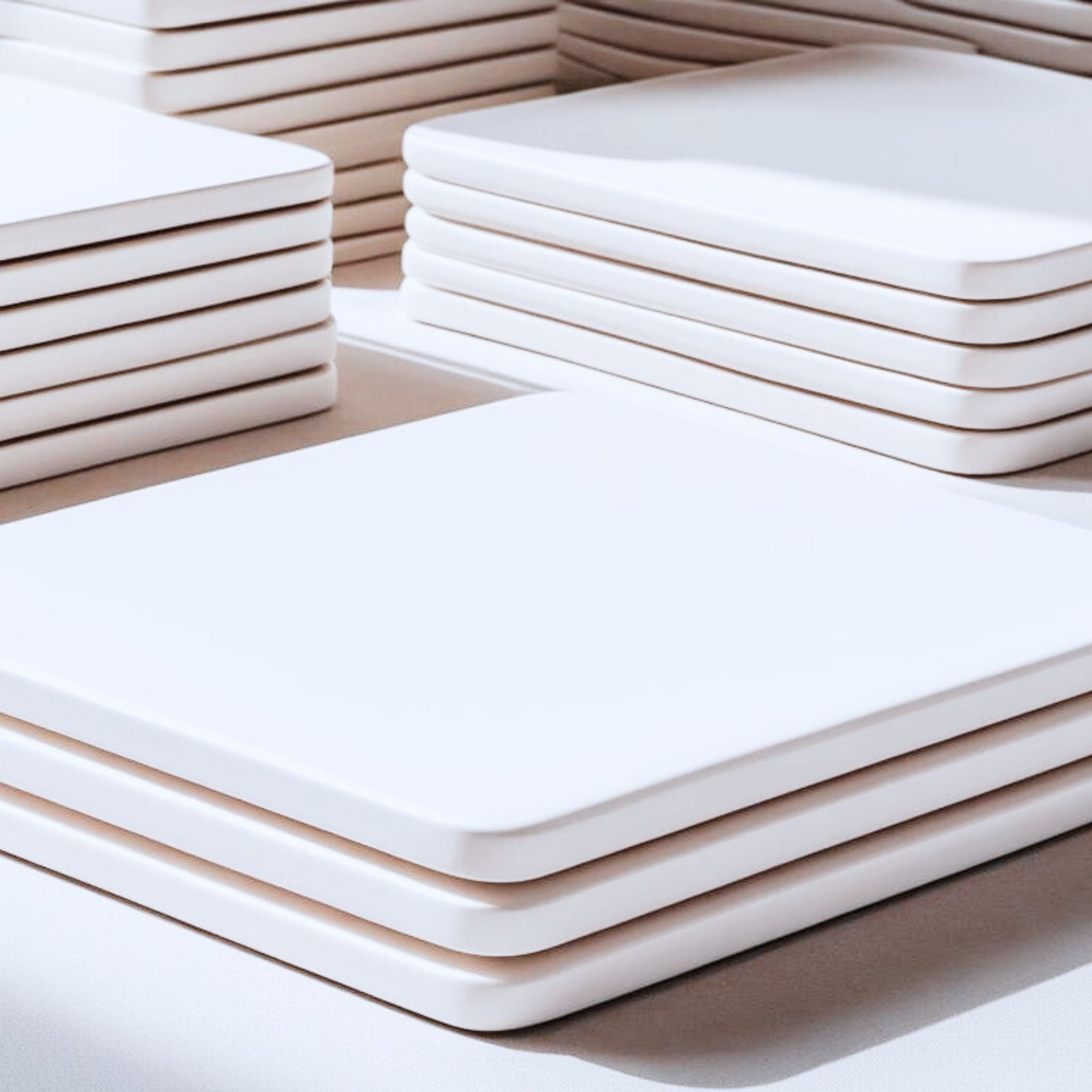 Stacks of white ceramic coasters on a light background