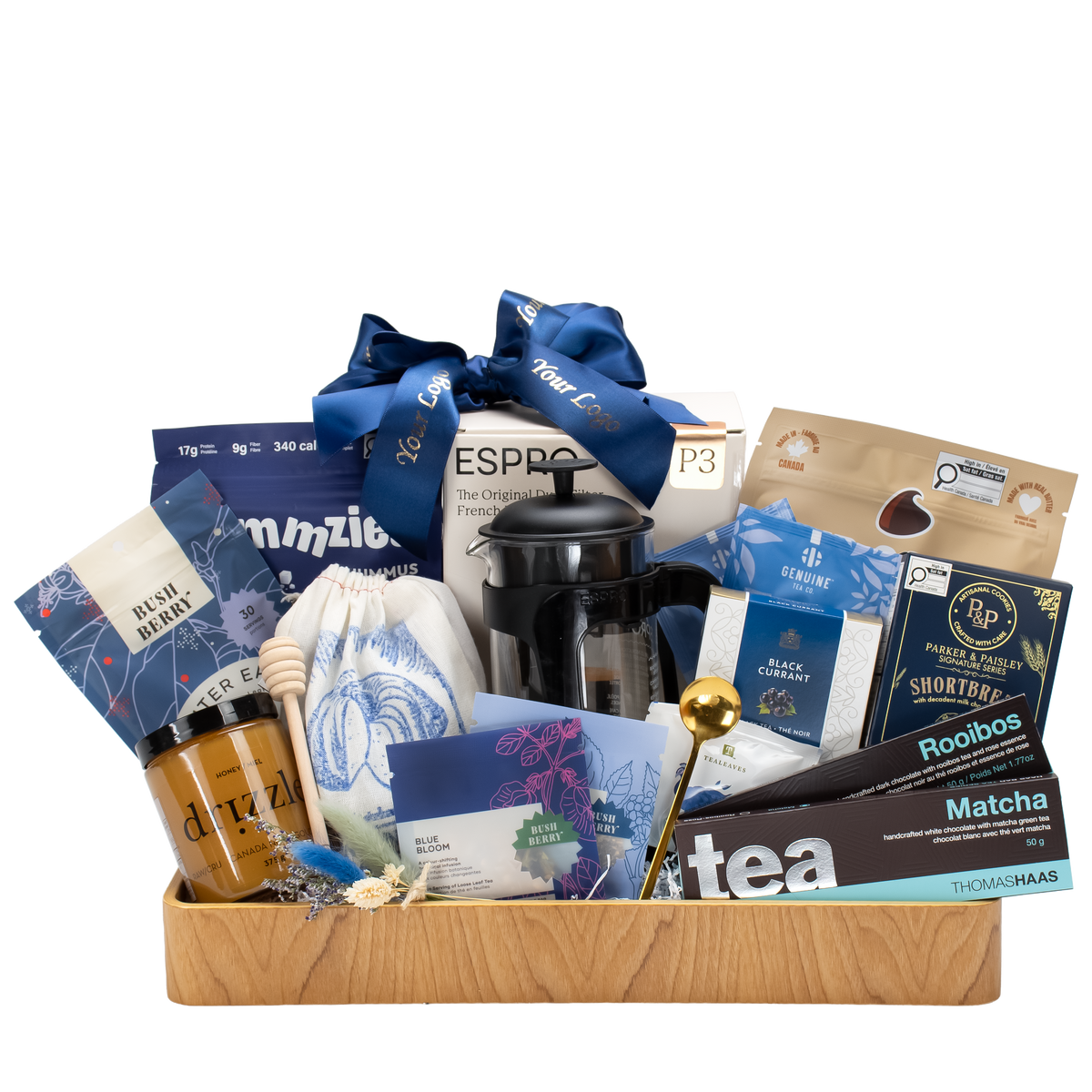 Premium Tea Connoisseur corporate holiday gift presented in a reusable bamboo tray featuring a stunning blue color theme, an Espro French press, and BC gourmet treats