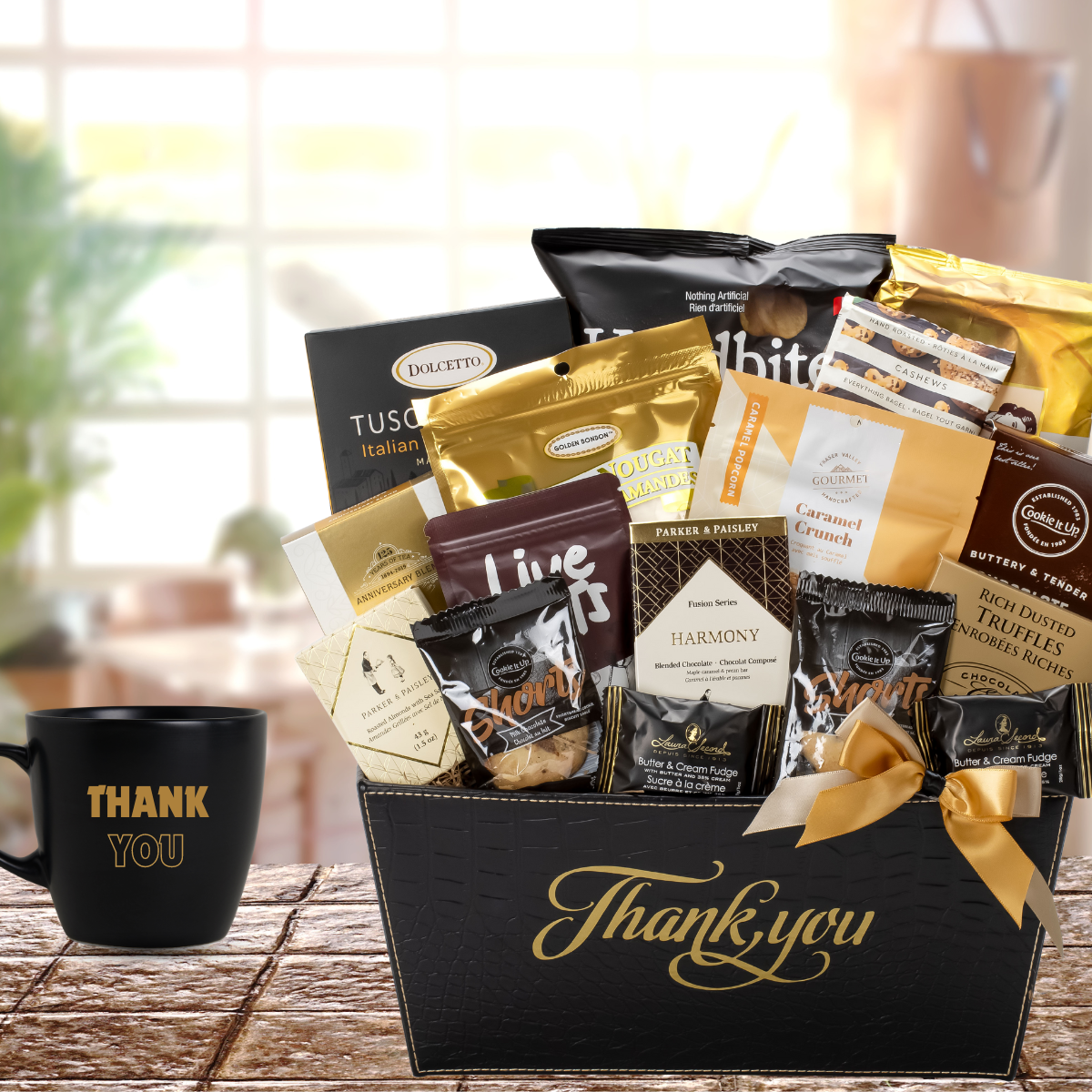 Gold and black thank you decal gift basket with Thank you mug