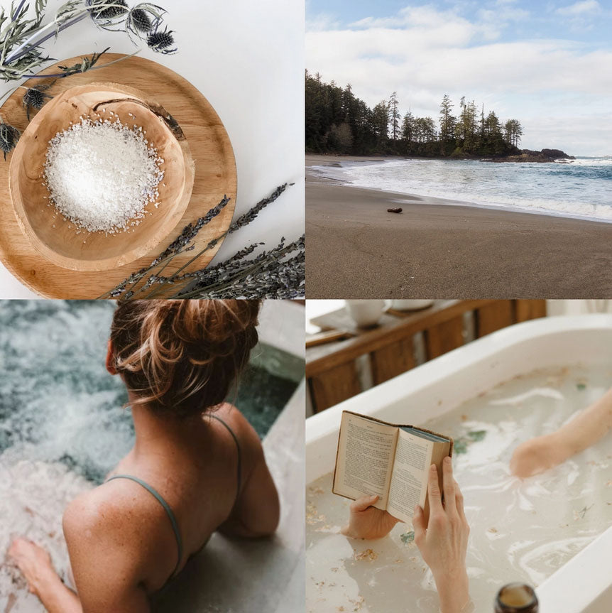 Collage of images including a wooden bowl with salt, a beach scene, a person in a bathtub, and a person reading a book.