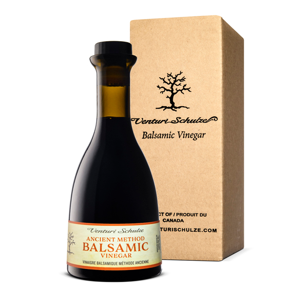 Bottle of Venturi Schulze Balsamic Vinegar with packaging. Made in BC