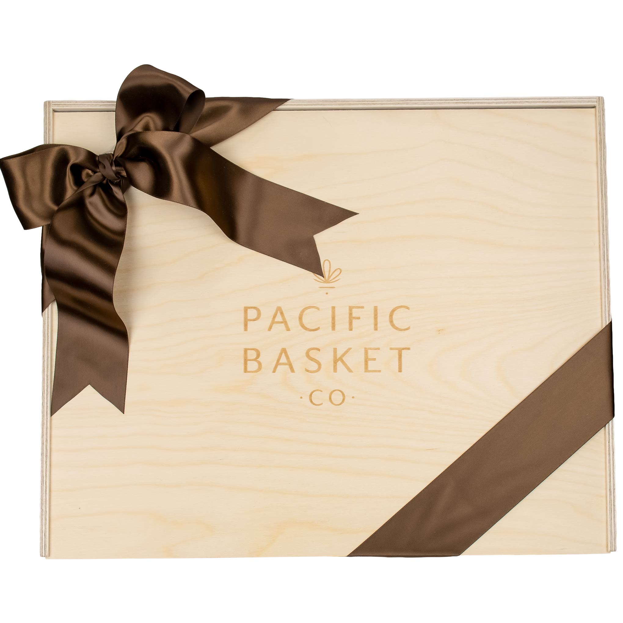 Wooden gift box with satin ribbon by Pacific Basket Company, Vancouver, BC