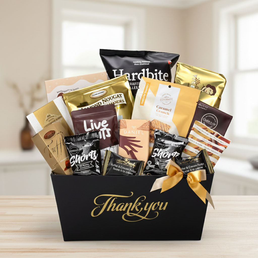 Gift basket with various snacks and a 'Thank you' bow on a wooden surface.