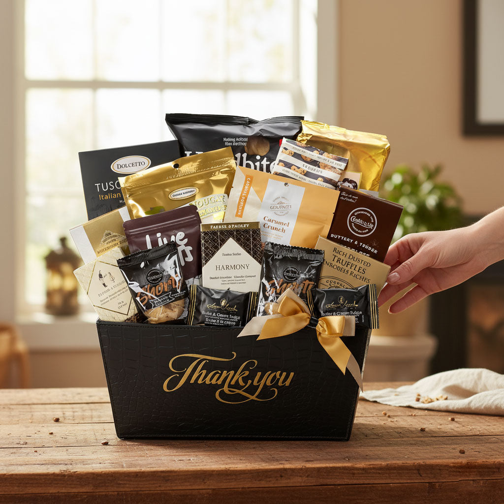Gift basket with various snacks and a hand reaching for a package on a wooden table.