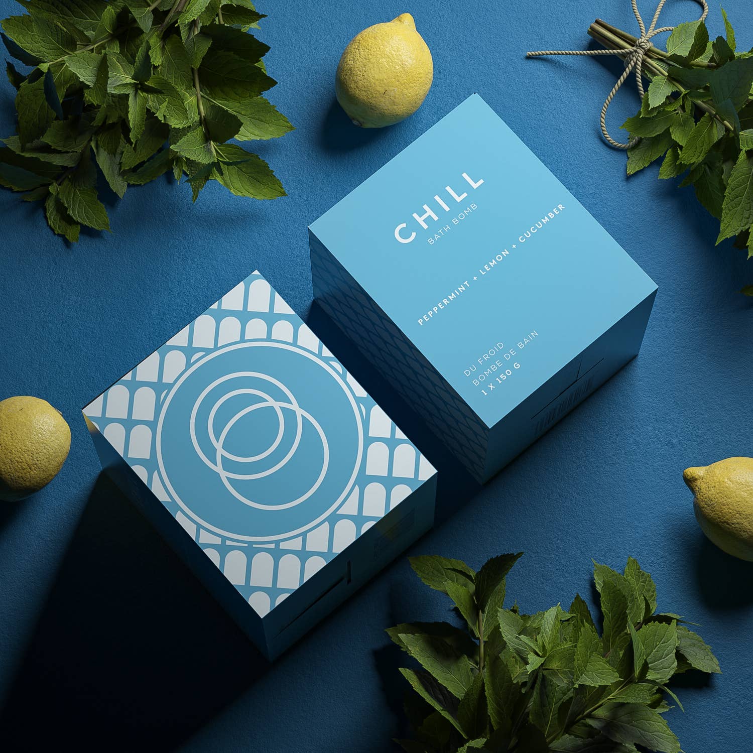 Blue packaging with 'Chill' branding on a blue background with lemons and greenery.