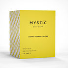 Mystic bath bomb showing the ingredients Champa, Tumeric and Tea Tree