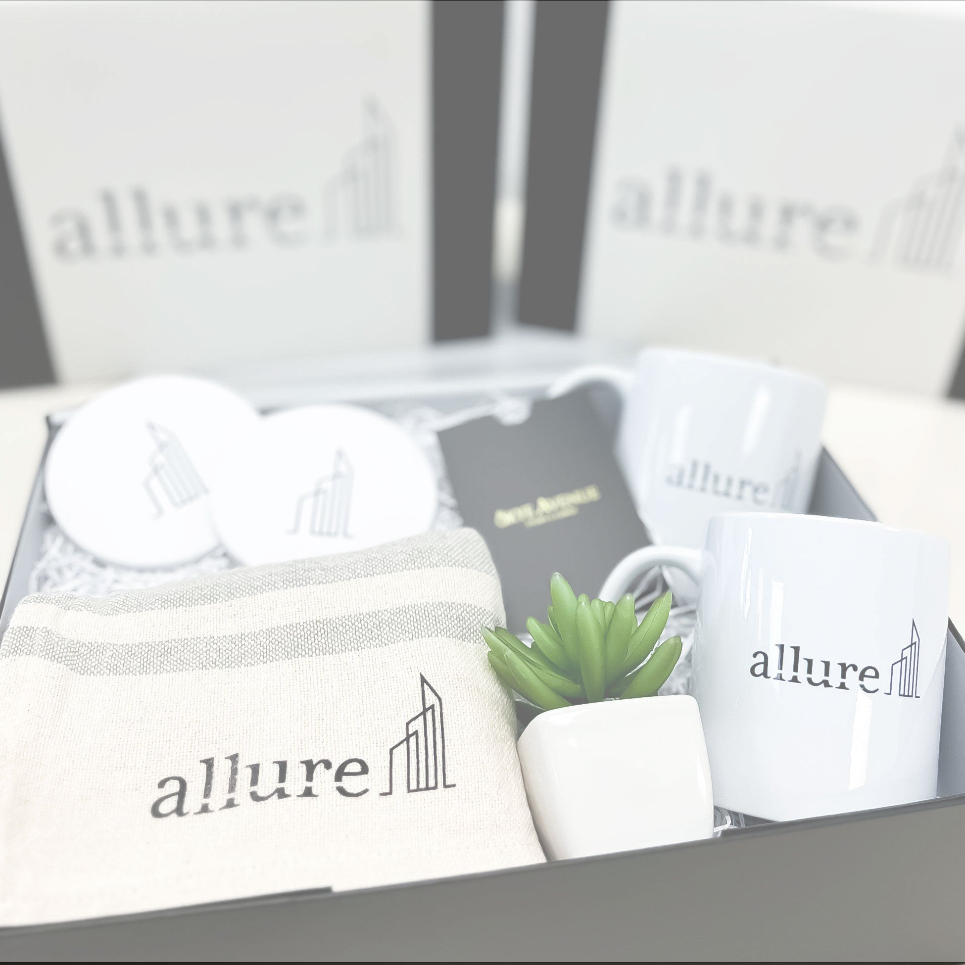 Product set with 'allure' branding including a mug, plant, and other items.