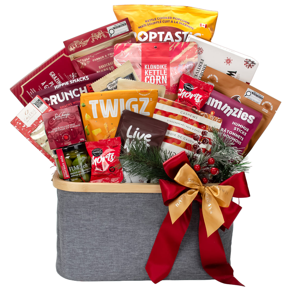 Large Deck the Halls premium gift basket overflowing with artisan Canadian treats for corporate holiday gifting