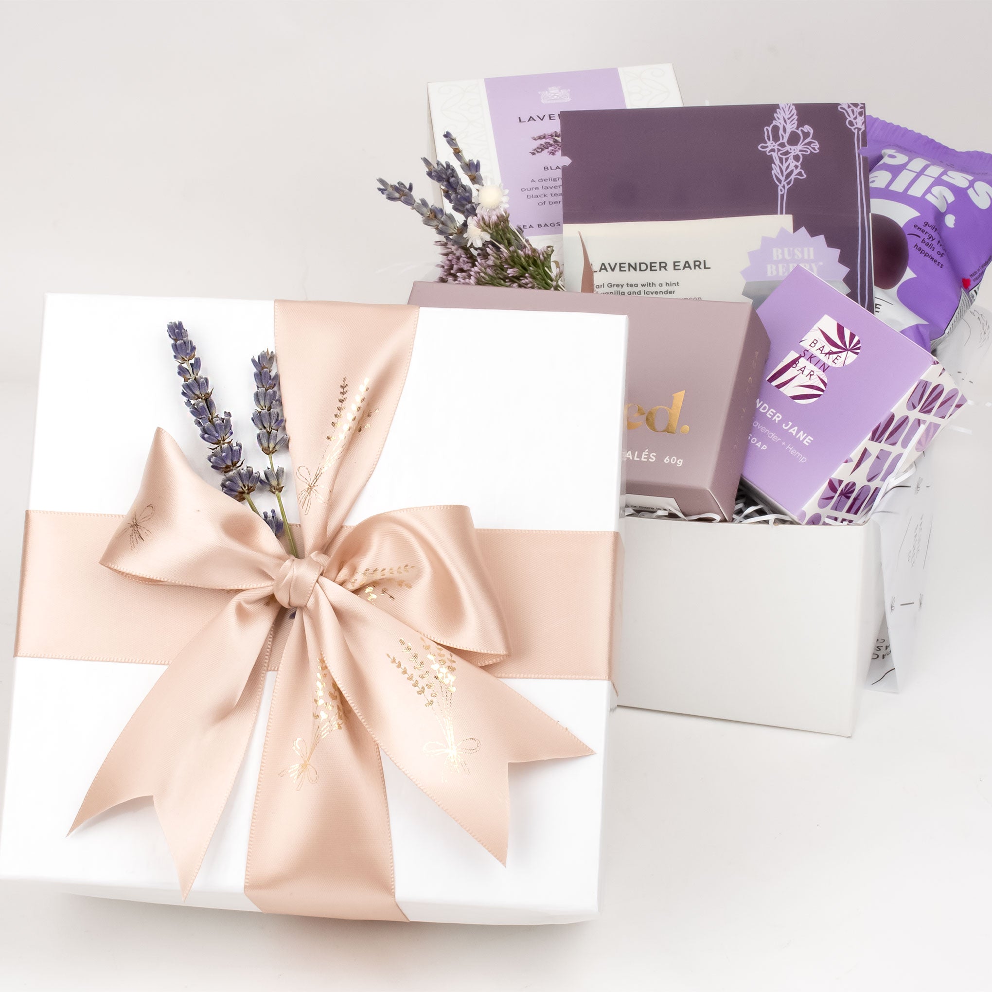 The Lavender Fields gift box featuring Canadian-made lavender soap, Murchies tea, and salted caramels. An elegant Mother’s Day gift basket available for Vancouver delivery and shipping across Canada.