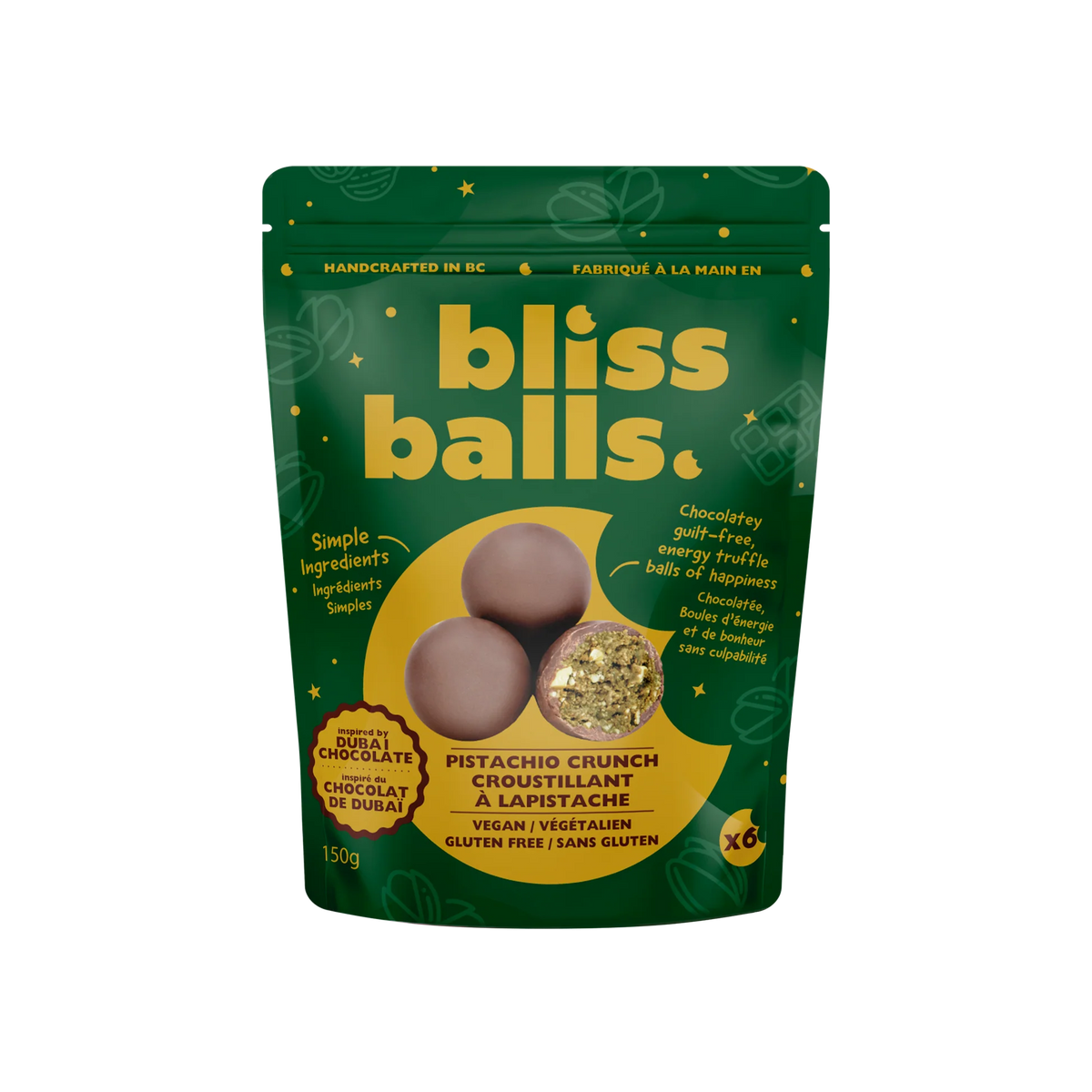 A 150g stand-up pouch of Bliss Balls Pistachio Crunch Chocolate coated energy truffle balls