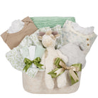 Baby gift basket with clothes, a plush toy, and a blanket on a white background
