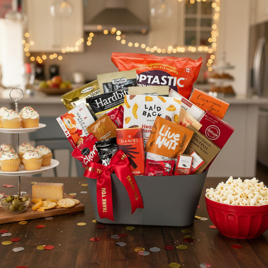 Gourmet gift basket with snacks and popcorn on a kitchen counter.