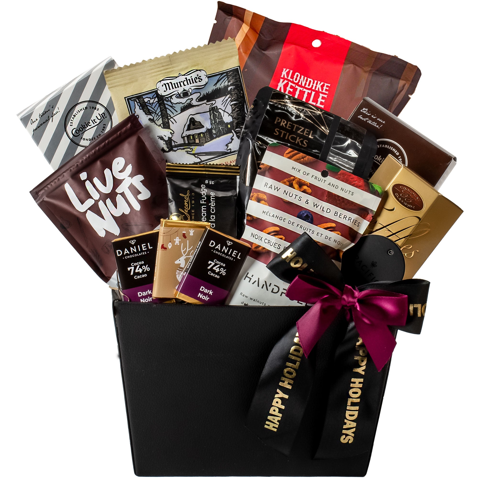 Assorted snack packets in a gift basket with a 'Happy Holidays' ribbon on a white background