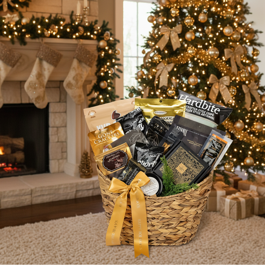 Gift basket with snacks in front of a decorated Christmas tree and fireplace.