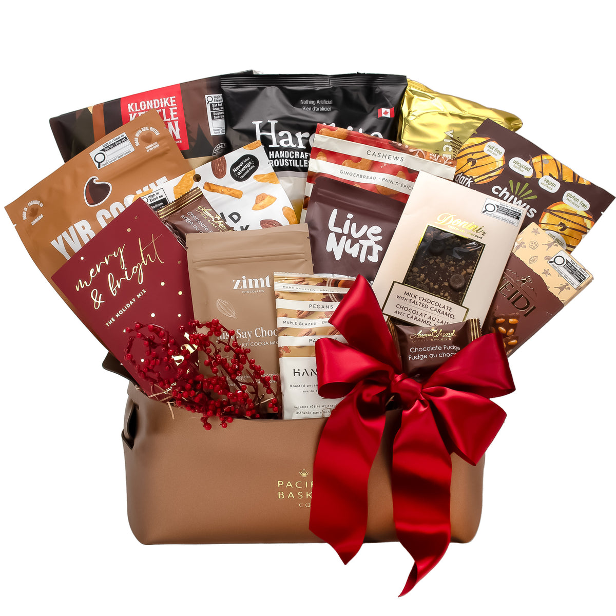A chocolate and snack gift basket filled with assorted packaged chocolates, nuts, and treats, tied with a large red ribbon and decorated with red berries, on a white background.