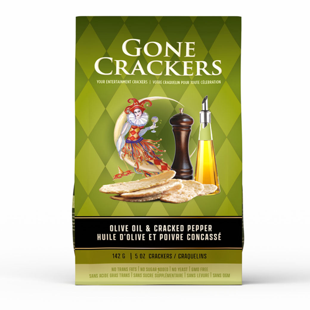 Oliver Oil and cracked pepper crackers made in BC by Gone Crackers 