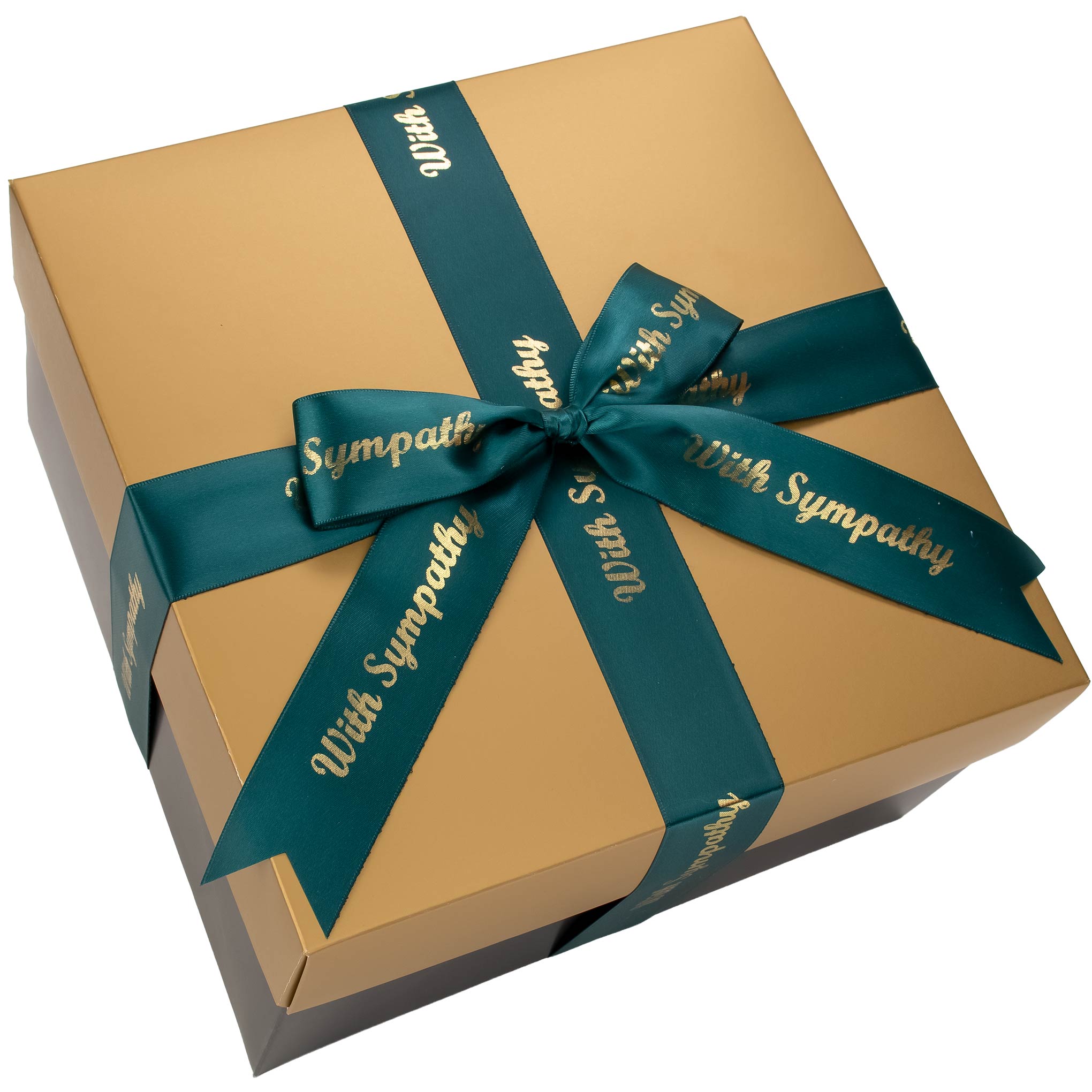 Gold lid gift box with a green ribbon and 'With Sympathy' text 