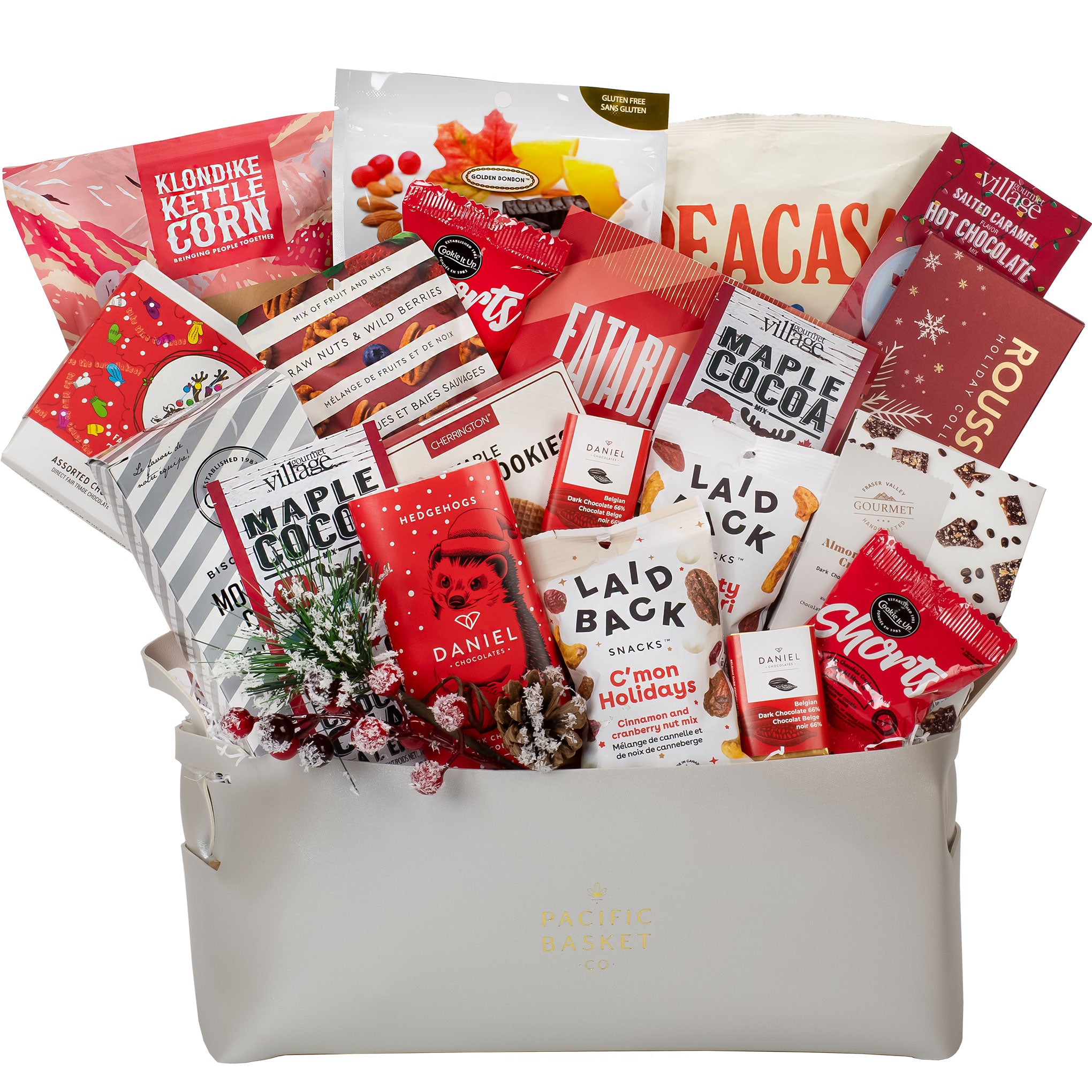 Assorted snack items in a basket with visible brand names on packaging.