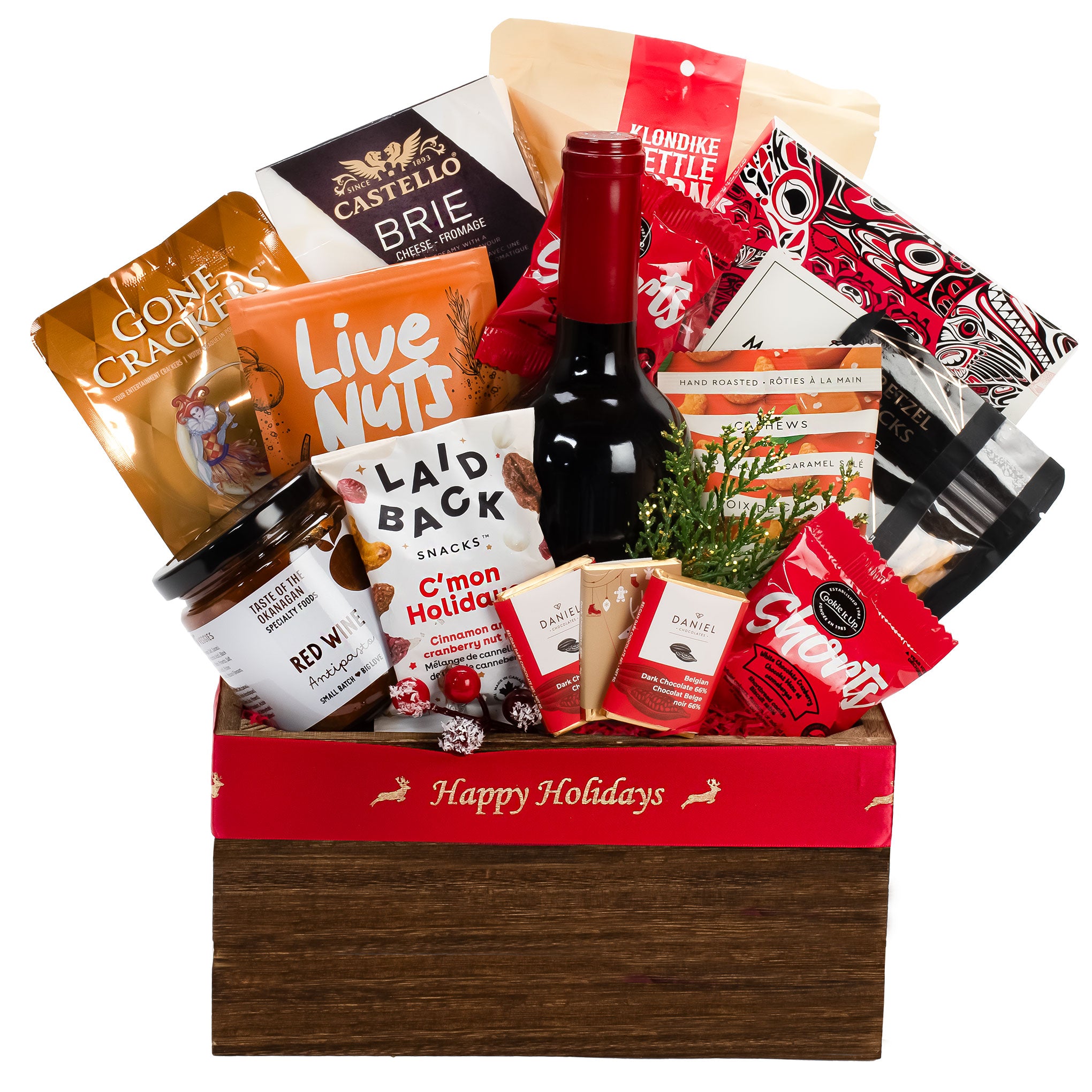 Gift basket with wine, snacks made in BC, Canada