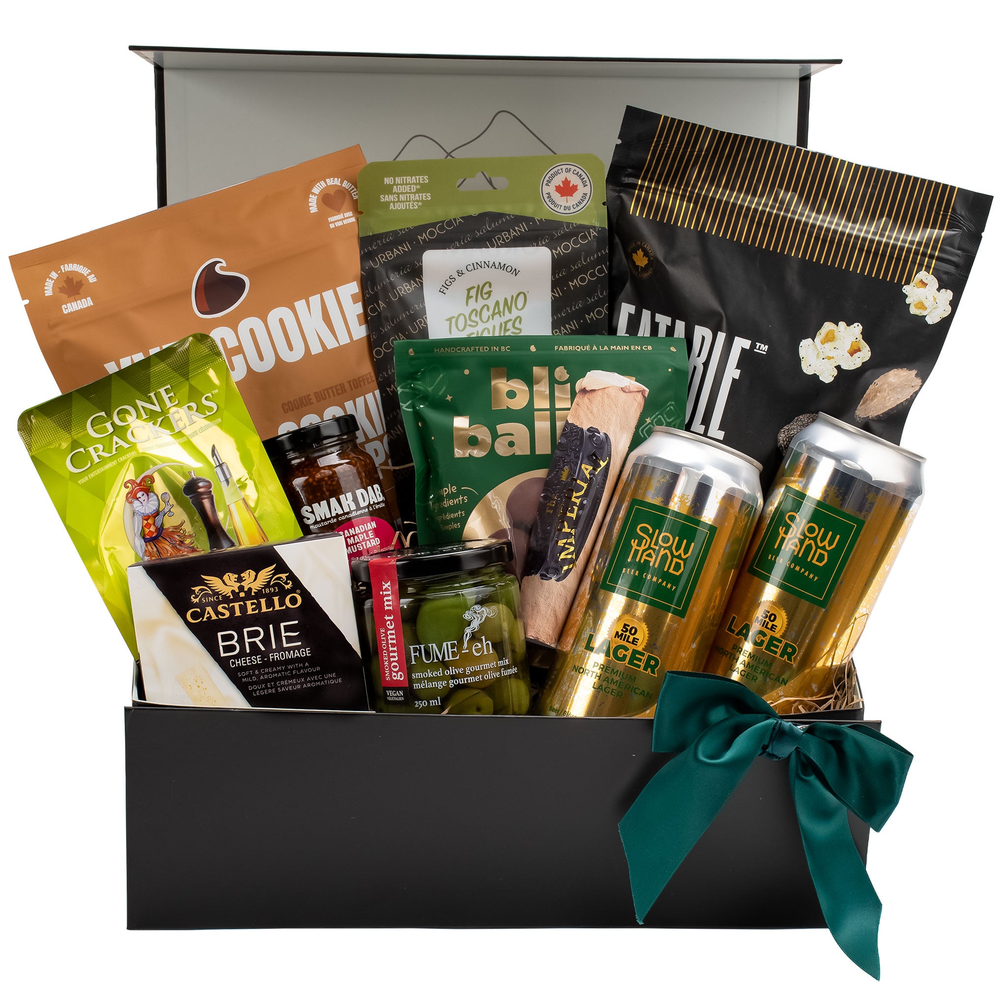 The Imperial gift box featuring local craft beer cans, artisanal salami, and gourmet popcorn in a gift box. 